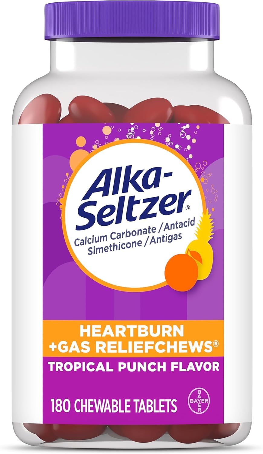 Alka-Seltzer Heartburn + Gas ReliefChews, Antacid + Antigas Chews for Fast Heartburn Relief, Gas, and Acid Indigestion Relief On the Go, 180 Ct