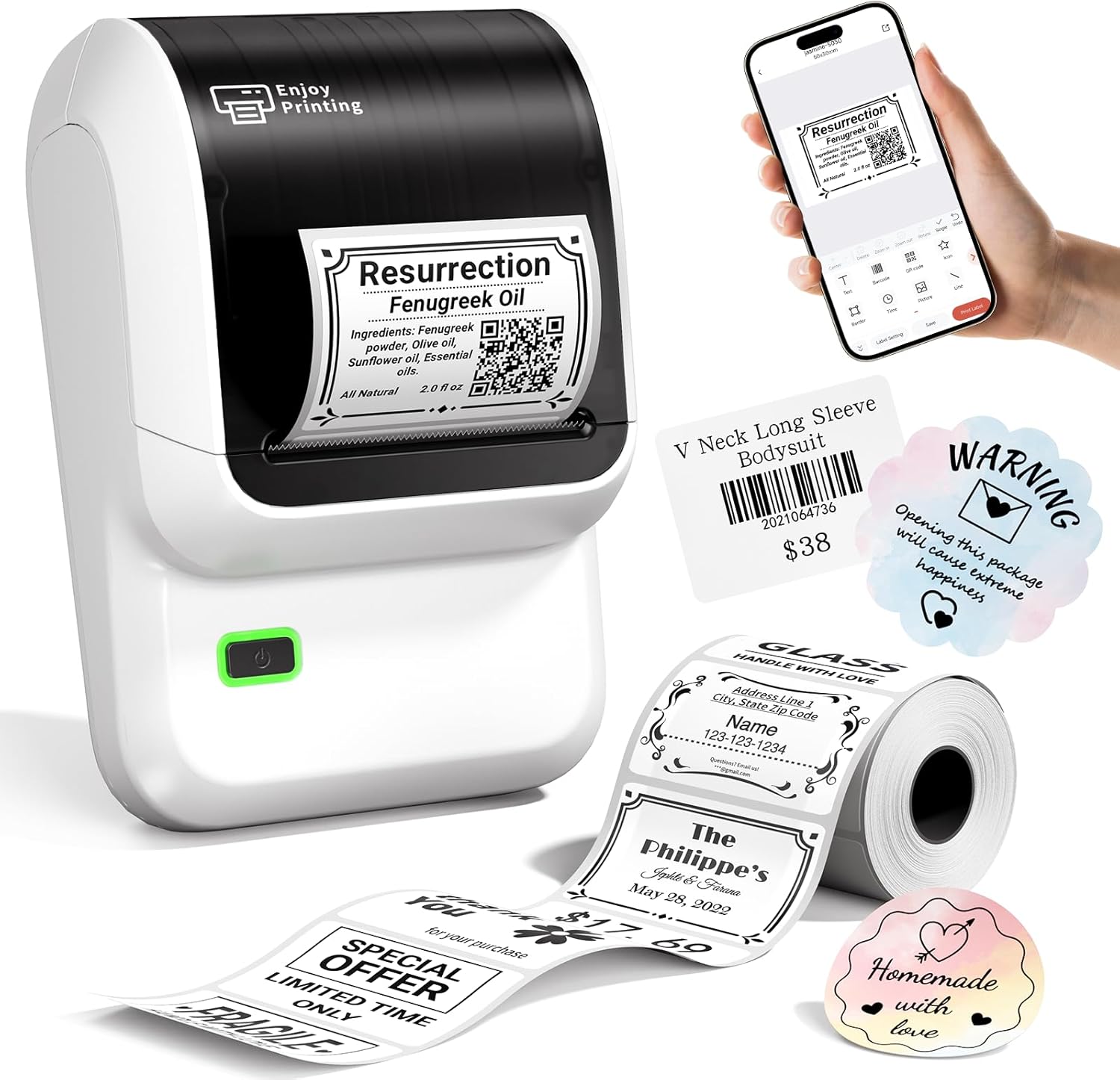 Omezizy M100 Label Maker Machine, 2-inch Bluetooth Thermal Label Maker, Portable Label Sticker Printer Machine with Waterproof Labels for Small Business, Retail, Home, Office, School, White