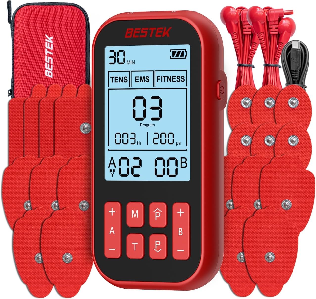 BESTEK TENS Unit Muscle Stimulator, 3-in-1 60 Program with 20 Replacement Pads, Rechargeable EMS Massage Machine for Back, Sciatica,Shoulder,Knee Pain Relief