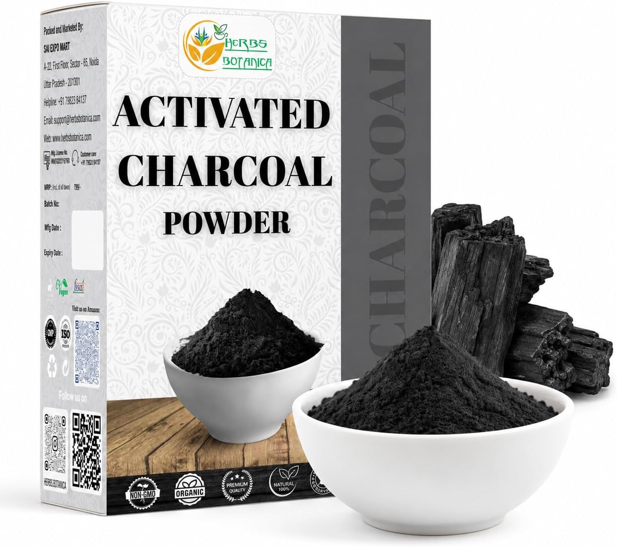 Herbs Botanica Activated Charcoal Powder, Food Grade, 2 oz