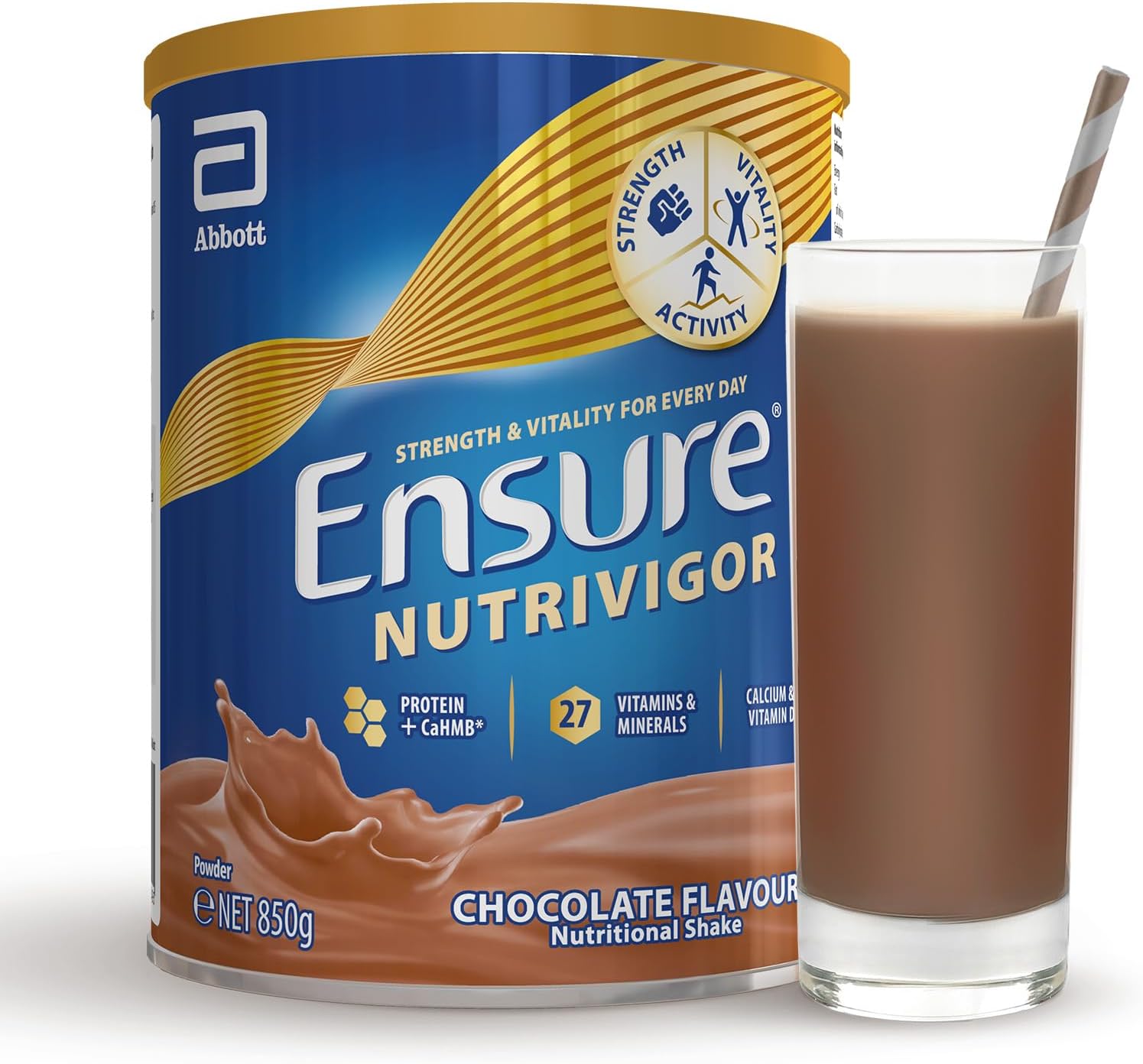 Ensure NutriVigor Nutritional Shake – Chocolate Flavour – 850g – Food Supplement with Protein, HMB & 27 Vitamins & Minerals – Supports Strength, Energy & Immunity – With Vitamin D, C & B