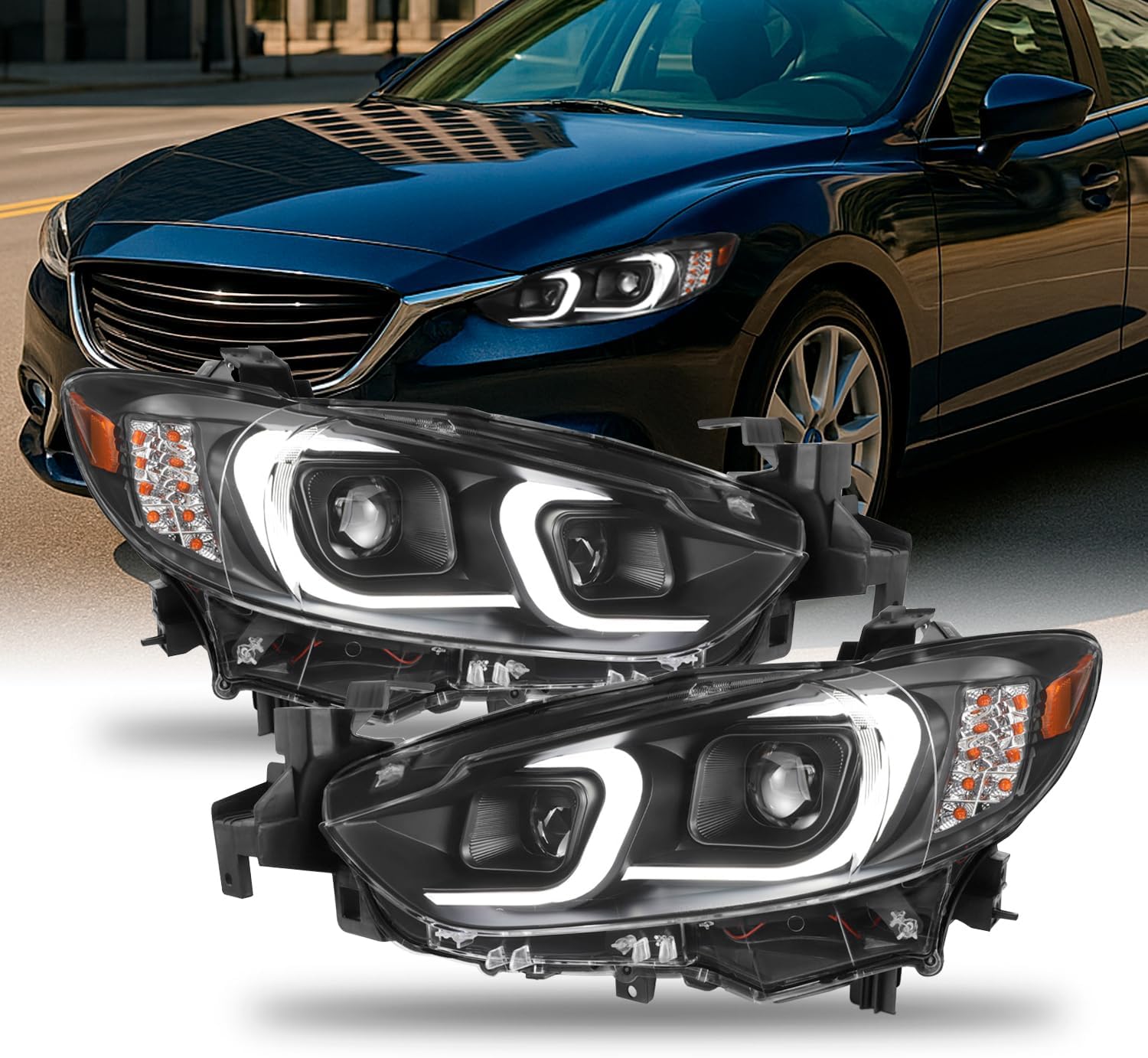 AKKON - Fits 2014 2015 2016 2017 Mazda 6 C-Shape LED DRL Light Tube Projector Headlights Black Housing