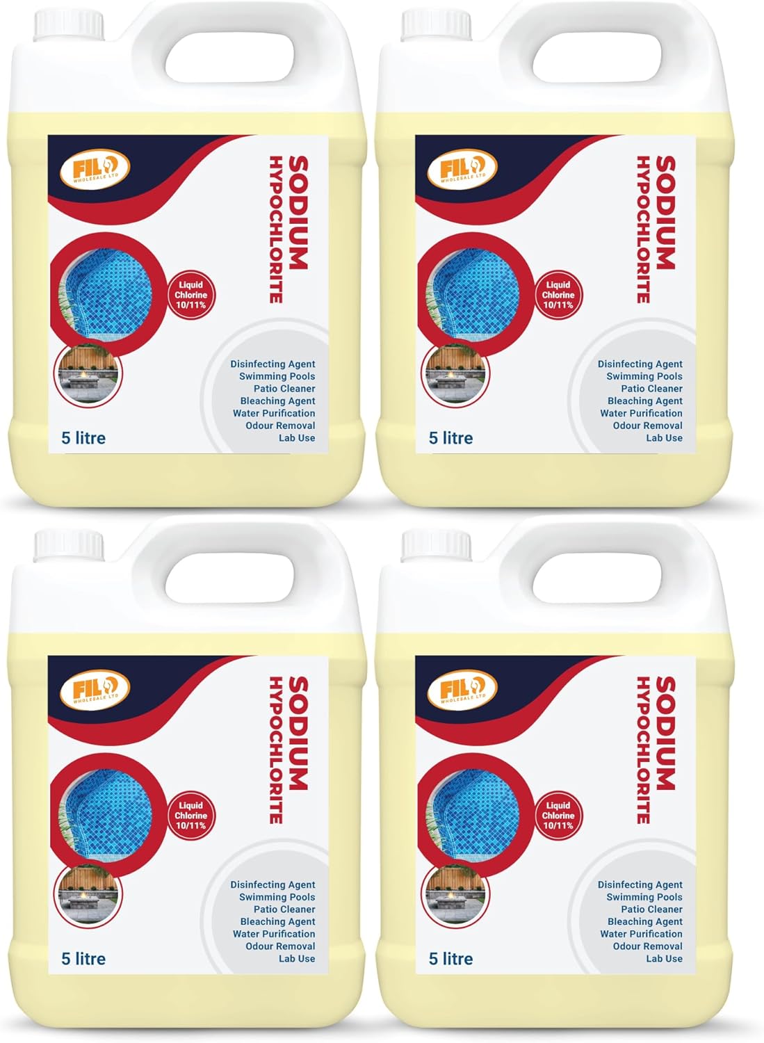 FILO Sodium Hypochlorite 20L (4X5L) - High Strength (10-11%) Brick, Driveway & Patio Cleaner - Liquid Chlorine Shock Treatment, for Swimming Pools & Hot Tubs.