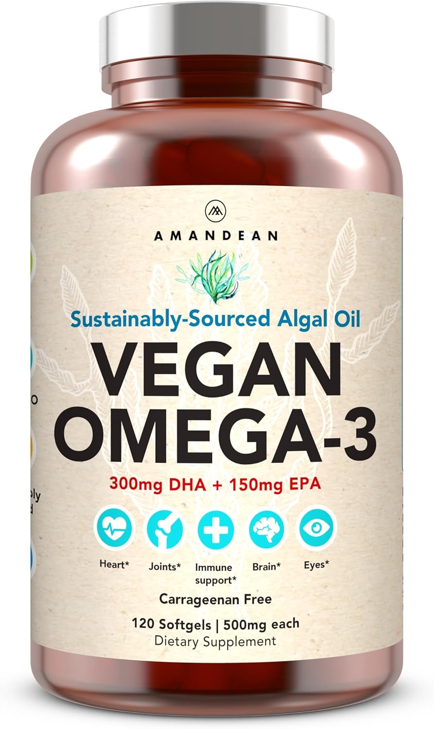 AMANDEAN Vegan Omega 3 Supplement. Premium Fish Oil Alternative. Algae DHA & EPA. Carrageenan Free Softgels. Algal Essential Fatty Acids. Plant Based Heart, Brain, Eye, Skin, Immune Support. (120ct)