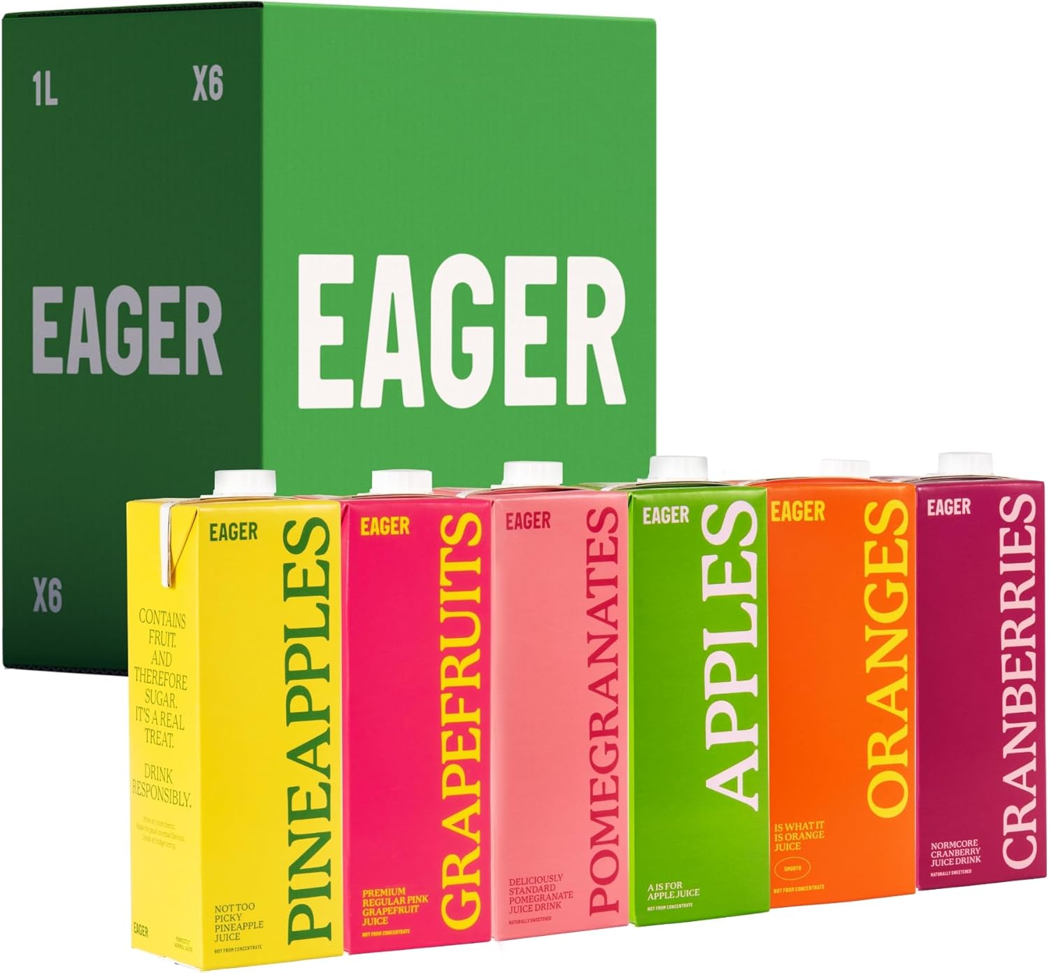 Eager Fruit Juice Mixed Pack (Apple, Orange, Pomegranate, Cranberry, Grapefruit, Pineapple), 1 Litre (Pack of 6)