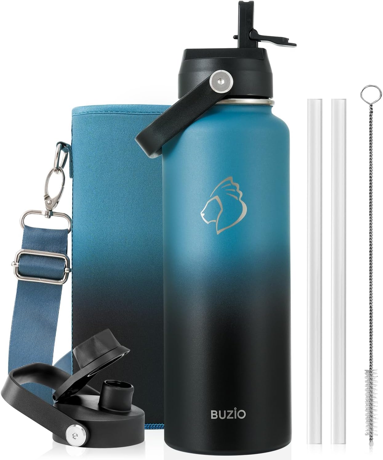BUZIO Triple Wall Vacuum Water Bottle with Dust-Proof Straw & Spout Lids