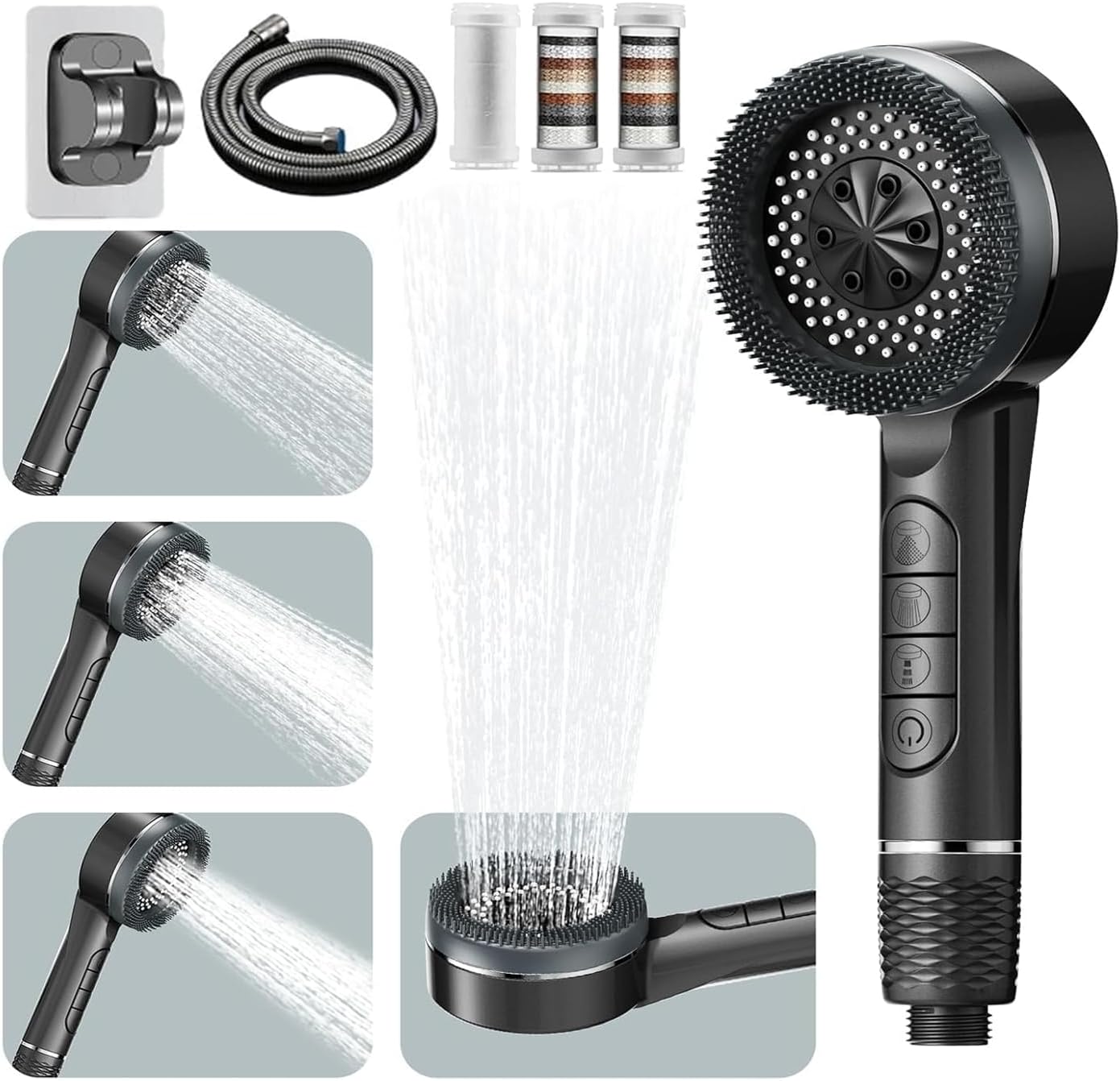 High Pressure Shower Heads,with 15 Stage Filter,1.5M Shower Hose and Shower Stand,4 Spray Jet Modes High Pressure Bathroom Shower Head, with Pause Switch, Massage Water Saving Large Shower(Grey)