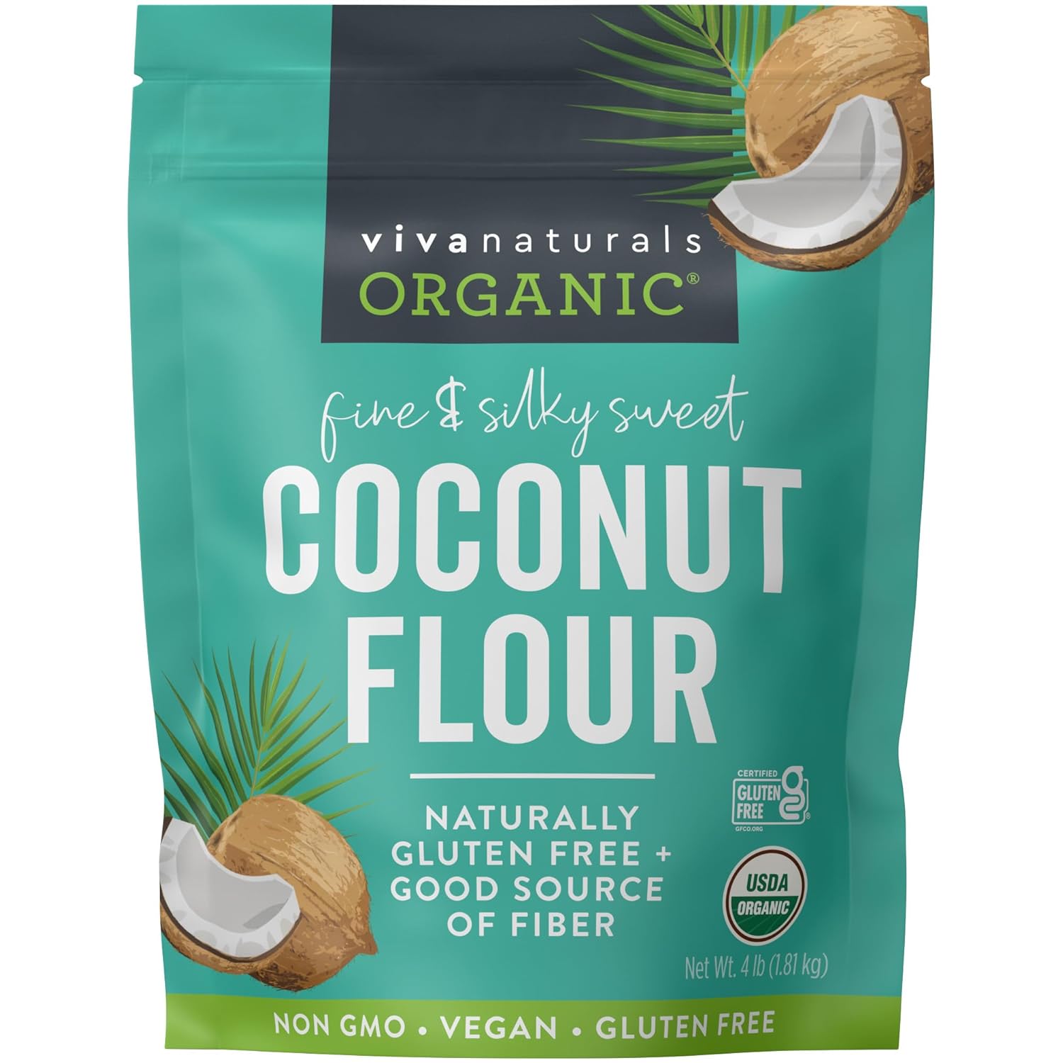 Viva Naturals Organic Coconut Flour (4 lbs) - Gluten Free Flour Substitute for Keto, Paleo and Vegan Baking, Low Fat and Good Source of Fiber Coconut Baking Flour, Non-GMO, Unbleached and Unrefined, 1.81 kg
