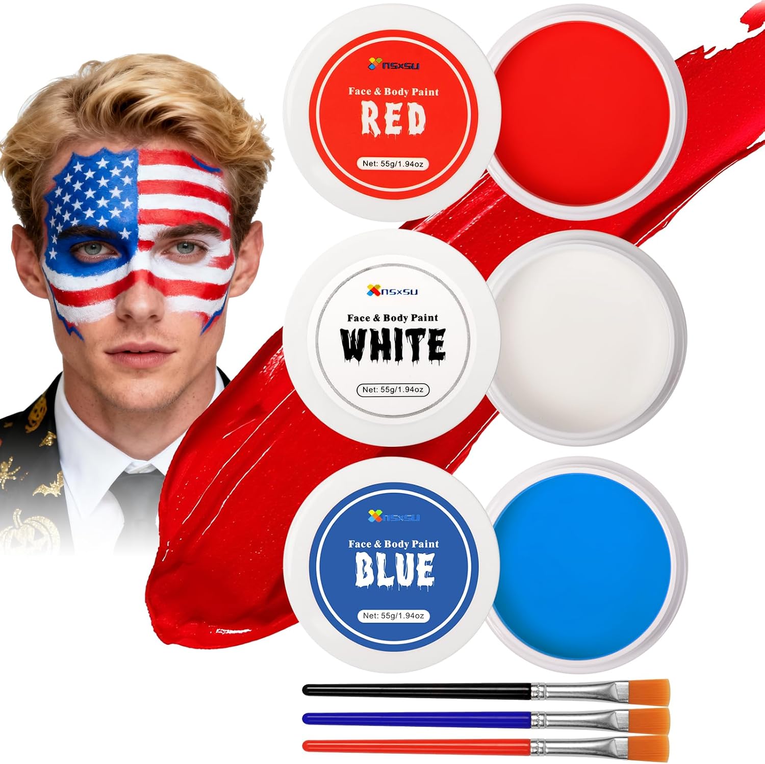 nsxsu Face Painting Kit White Red Blue 165g(5.8oz), Face Paint Professional for Adults, Body Paint Set with Brushes for Halloween Makeup Cosplay Skull Clown Art Theater