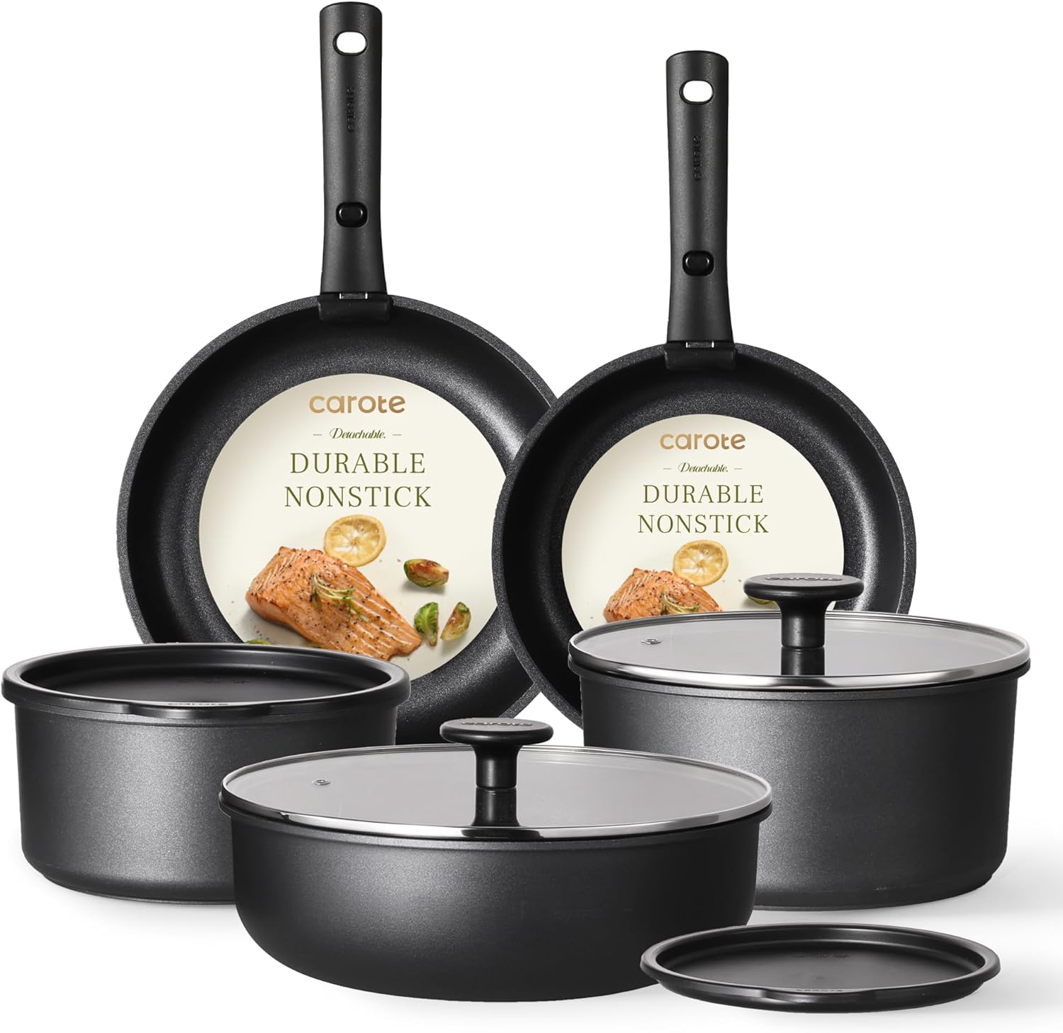 CAROTE Pots and Pans Set Non Stick, Cookware Set Detachable Handle, Nonstick Induction Kitchen Sets Non Stick with Removable Handle, RV Cook Ware, Oven Safe, Black