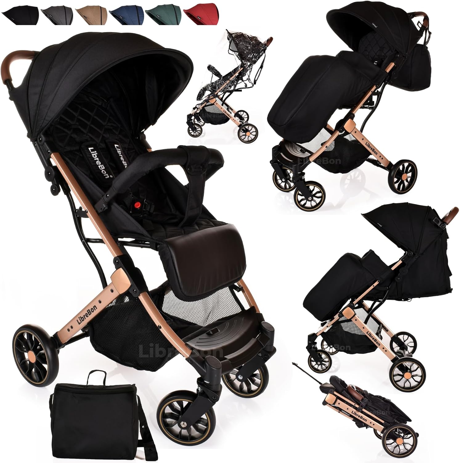 Lightweight Stroller, Baby Pushchair, Compact Travel Buggy, One Hand Foldable, Upgraded Wheels, Four Seasons Stroller, Foot Cover, Mommy Bag, Rain Cover (Black - Rose Gold Frame)