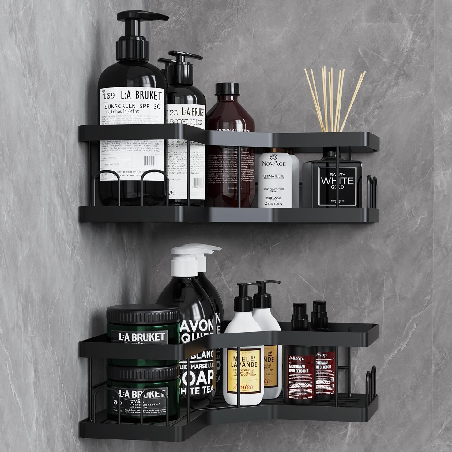 Shower Caddy, 2 Pack Bathroom Shelves, Adhesive Shower Shelf Storage No Drilling, Rust-Resistant Caddy Corner, Black Soap Holder, Bathroom Accessory Organiser
