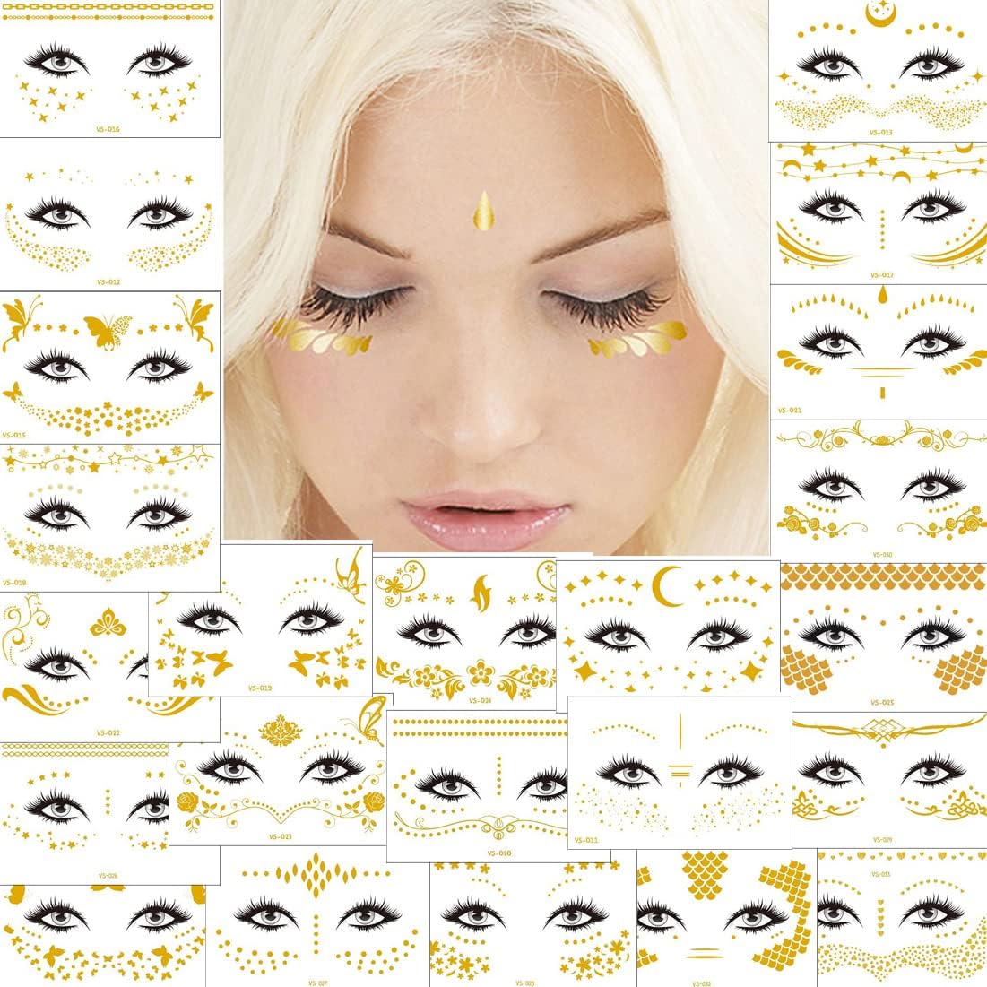 23 Sheets Temporary Tattoos - Waterproof Metallic Gold Flash Makeup Sticker Face Tattoos for Women & Teens - Shimmer Glitter Designs