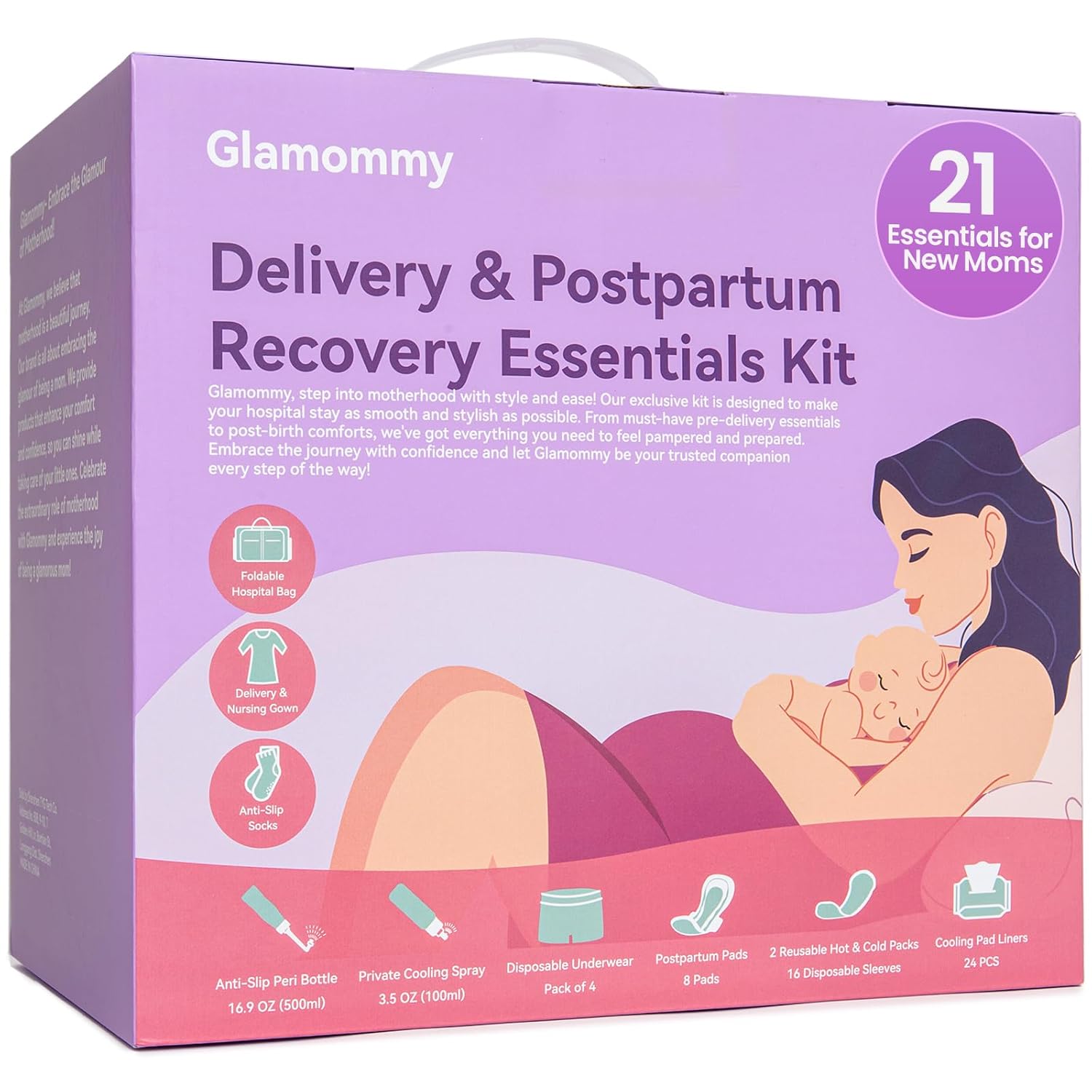 Upgraded Postpartum Recovery Essentials Kit for Women, Nursing Gown, Luggage Bags, Socks, Peri Bottle, Cooling Spray, Disposable Underwear, Postpartum Pads, Hot&Cold Packs, Cooling Liners