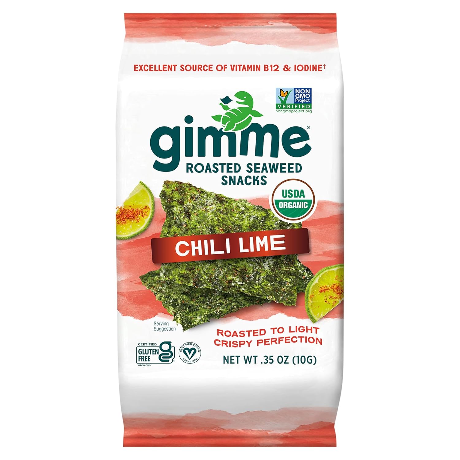 Gimme Seaweed Organic Premium Roasted Seaweed Snacks, Chili Lime, 10g Sharing Pack (Single) Keto, Vegan, Gluten-Free, Great Source of Omega3s and Iodine, Healthy On-The-Go Snack for Kids and Adults