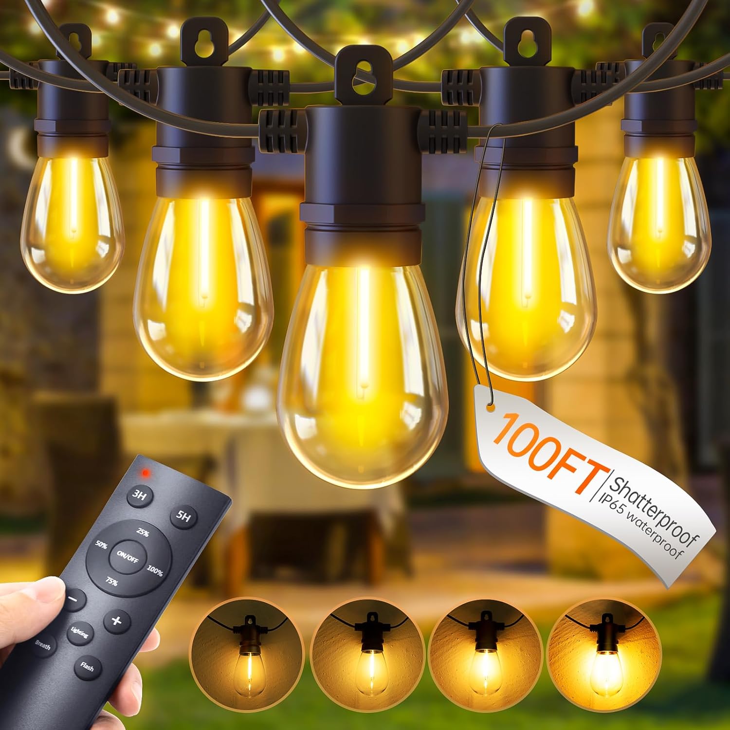 PBGMRT Outdoor Festoon Lights Mains Powered - 100ft/30m Outside String Lights 30+2 S14 LED Dimmable Bulbs with Remote, IP65 Waterproof for Patio Gazebo Pergola Garden Backyard