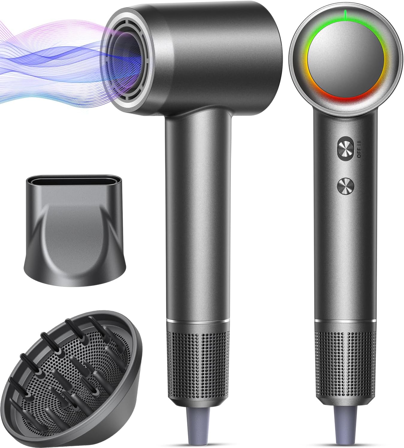 High-Speed Hair Dryer - 3 Min Fast Drying, Salon-Grade Blow Dryer with 500 Million Negative Ions, No Heat Damage, Low Noise, Lightweight, Professional Hairdryer with Diffuser & Nozzle, Gunmetal