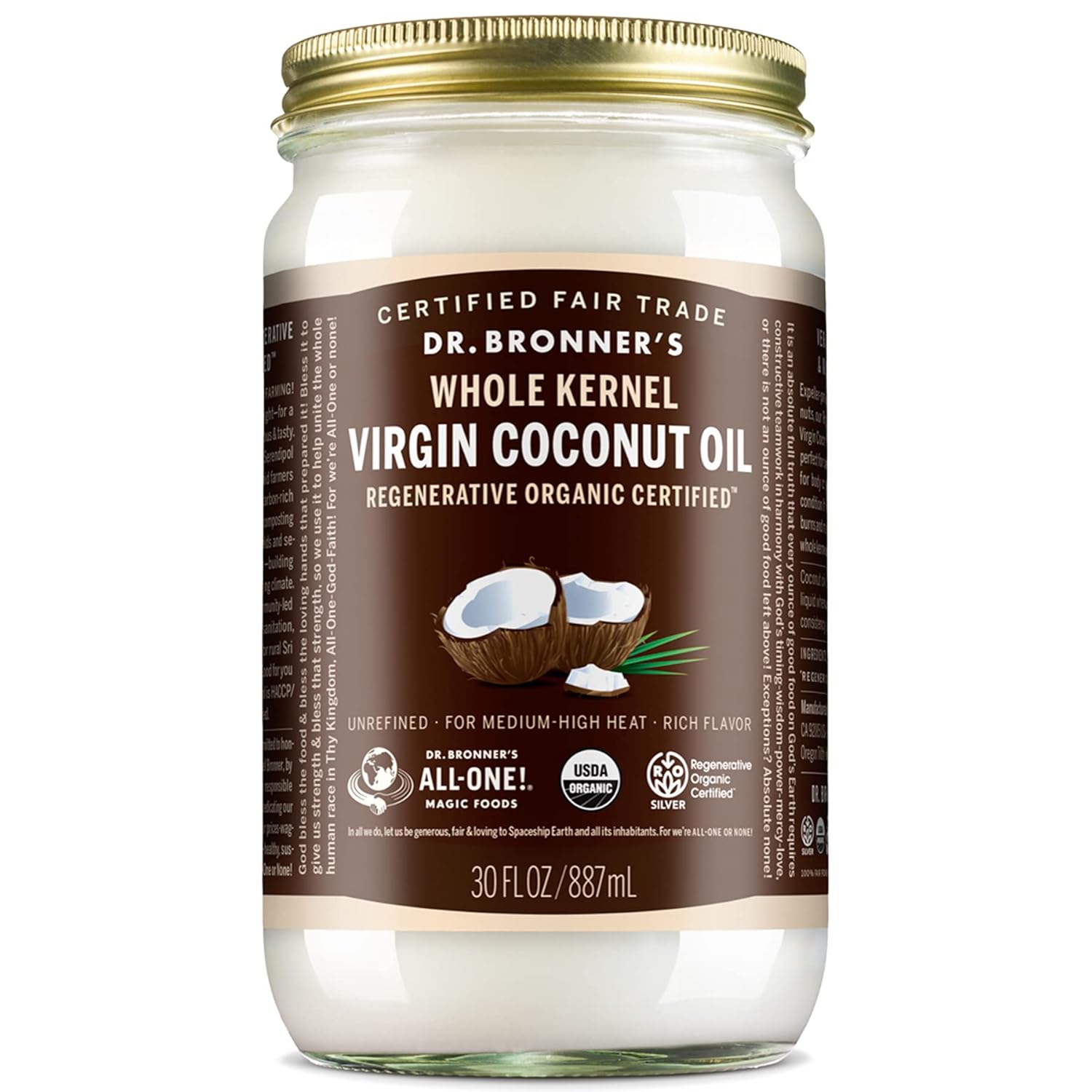 Dr. Bronner's - Organic Virgin Coconut Oil (Whole Kernel, 30 Ounce) - Coconut Oil for Cooking, Baking, Hair and Body, Unrefined and Fresh-Pressed, Rich and Nutty Flavor, Fair Trade, Vegan, Non-GMO