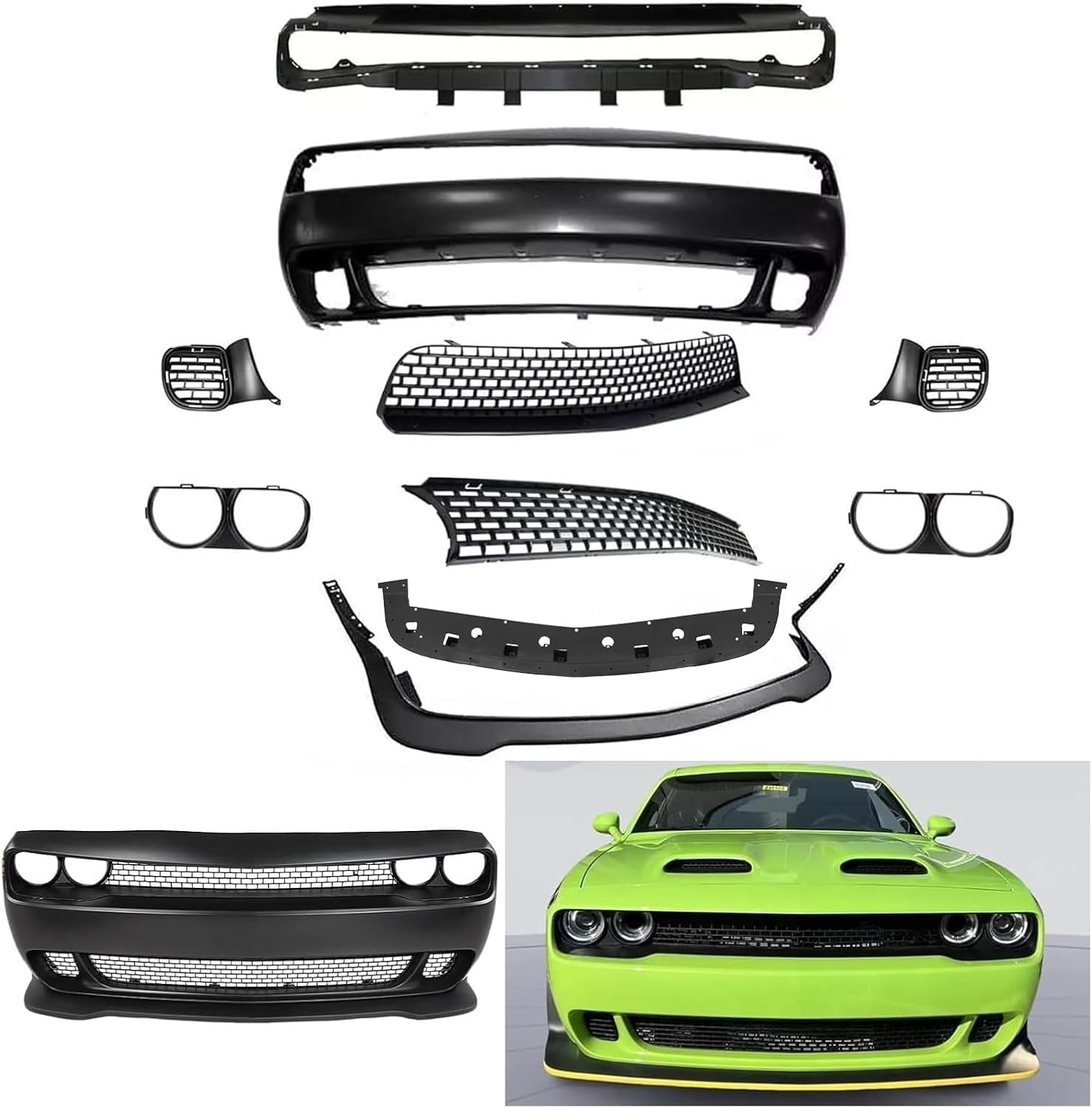 Front Bumper Cover & Grille & Lip Full Set Hellcat Style Compatible With 2015-2023 Dodge Challenger