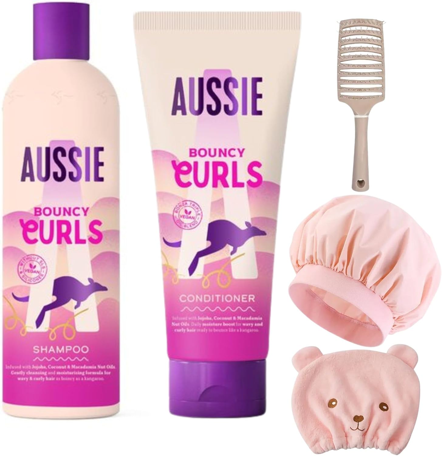 Curly Hair Shampoo & Conditioner Set – Contains Detangling Brush Shower Cap Hair Drying Cap Bundled with Aussie Curls Shampoo 300ml & Conditioner 200ml with Coconut & Jojoba Oil & Macadamia Nut.