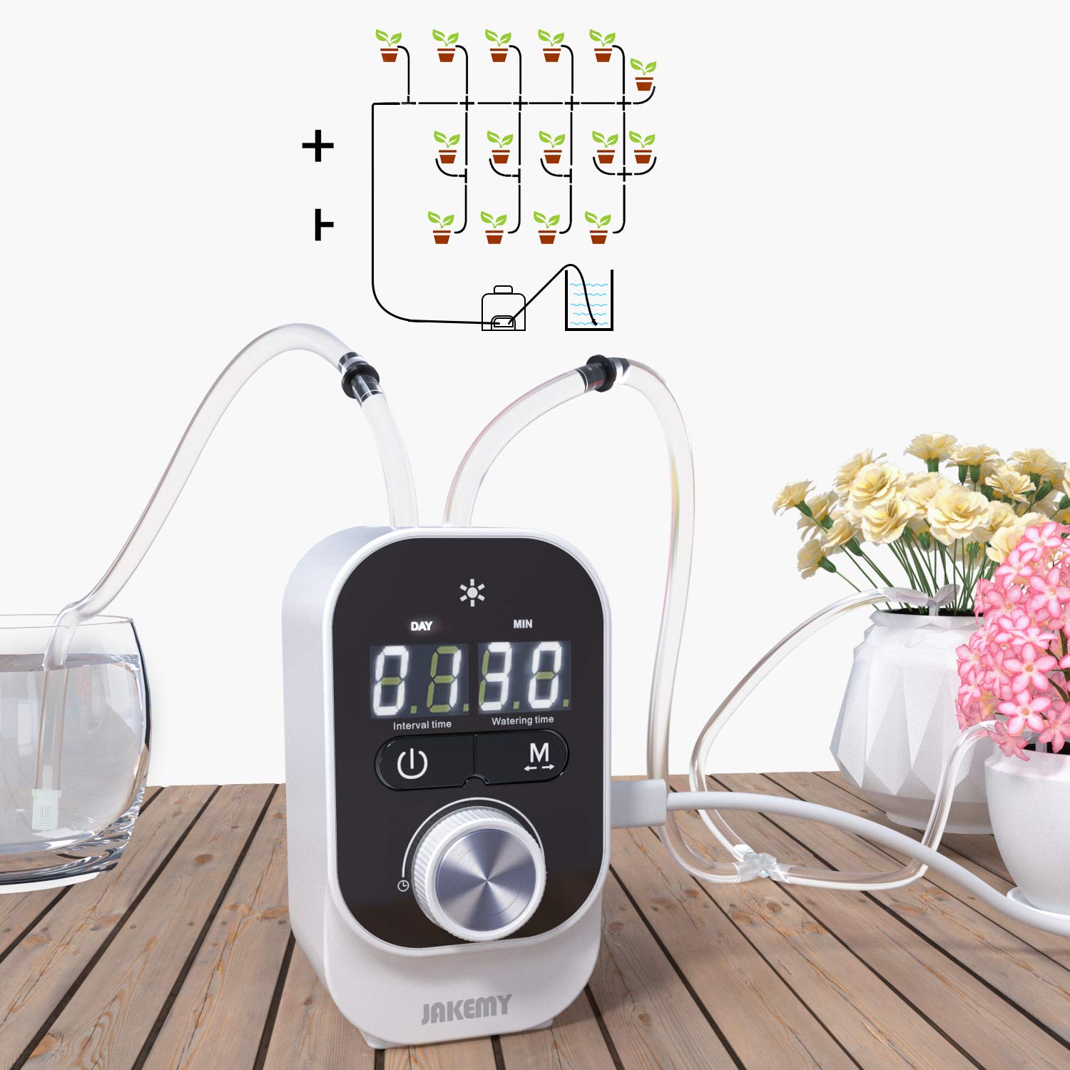 JAKEMY Automatic Drip Irrigation Kit,Mini Size Big Power Houseplants Self Watering System with 1-23 Hour & 1-30 Day Interval Programmable Timer,for 15 Potted Plants Clear