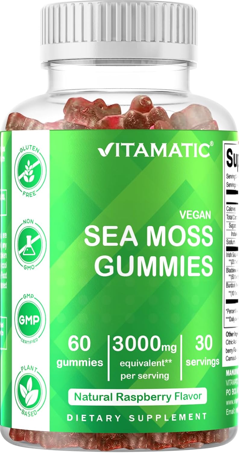 Vitamatic Irish Sea Moss Gummies – 3000mg Equivalent Per Serving (from Extract 132.5mg) – 60 Ct Made with Bladderwrack & Burdock Root – Seamoss Supplement for Thyroid, Energy & Immune Support