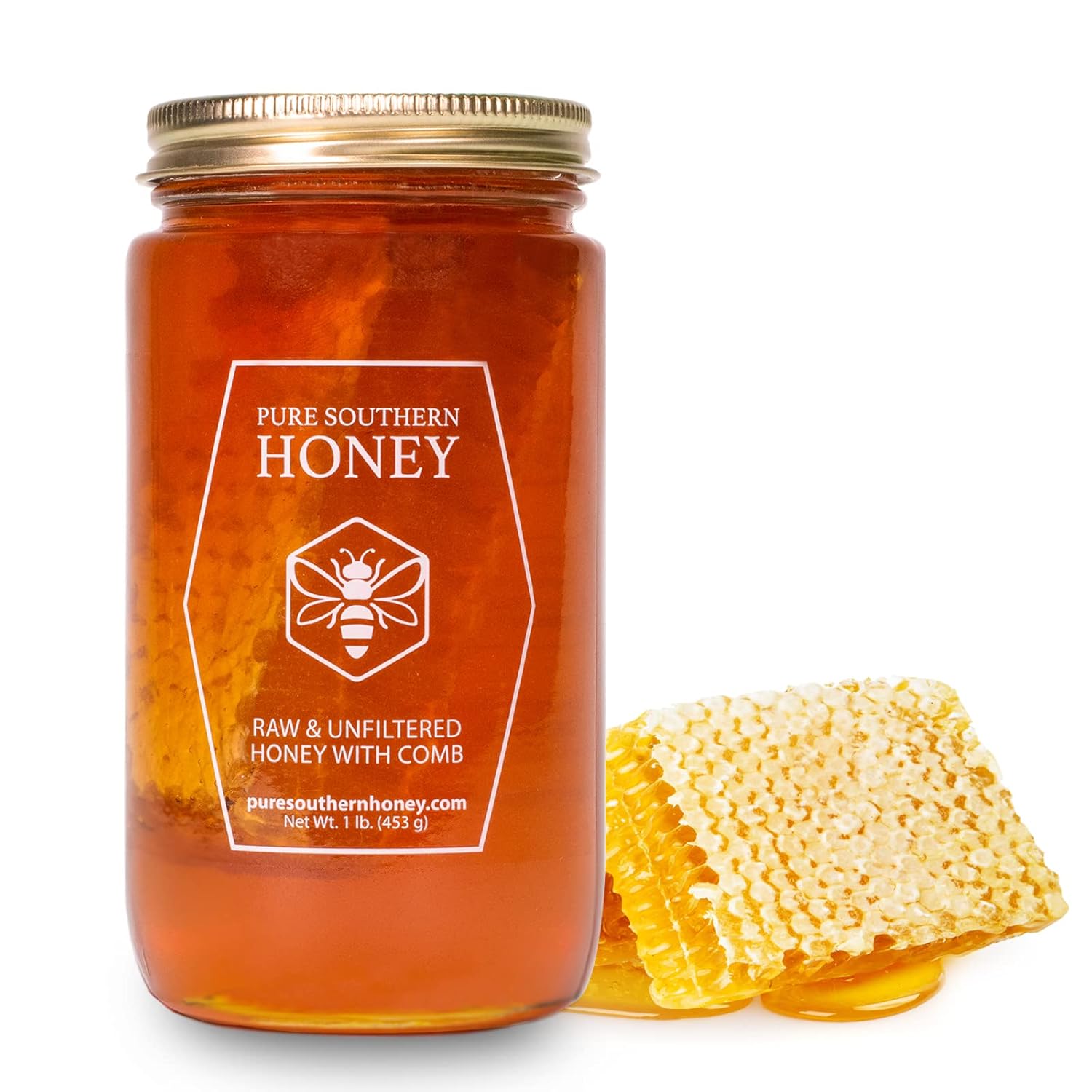 100% Raw Unfiltered Honey With Honeycomb by Pure Southern Honey [1lb] - Authentic, USA - Made Gallberry - Pure Unheated - Non - GMO, Unsweetened, Sugar - Free, Real American Honey With Comb