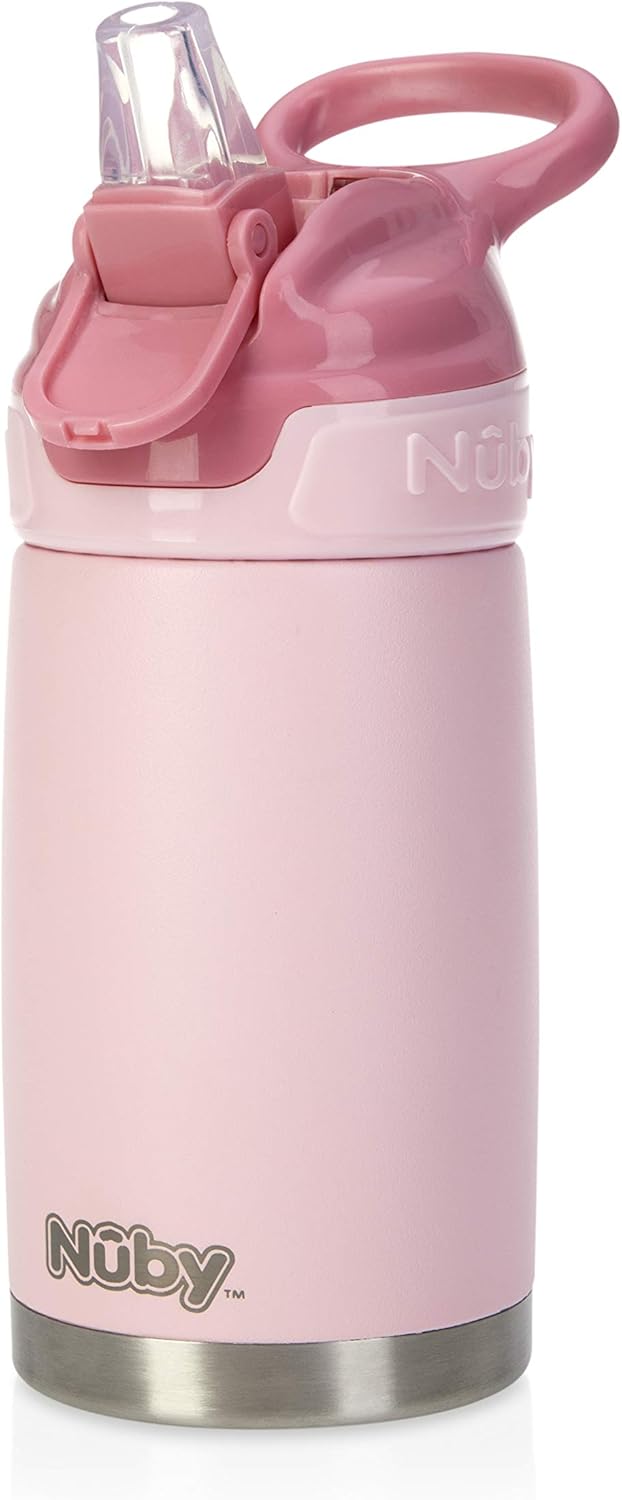 Nuby Thirsty Kids No Spill Flip-It Reflex Stainless Steel Travel Cup or Water Bottle - 10 Oz - 18+ Months - Pink - Back to School Essentials