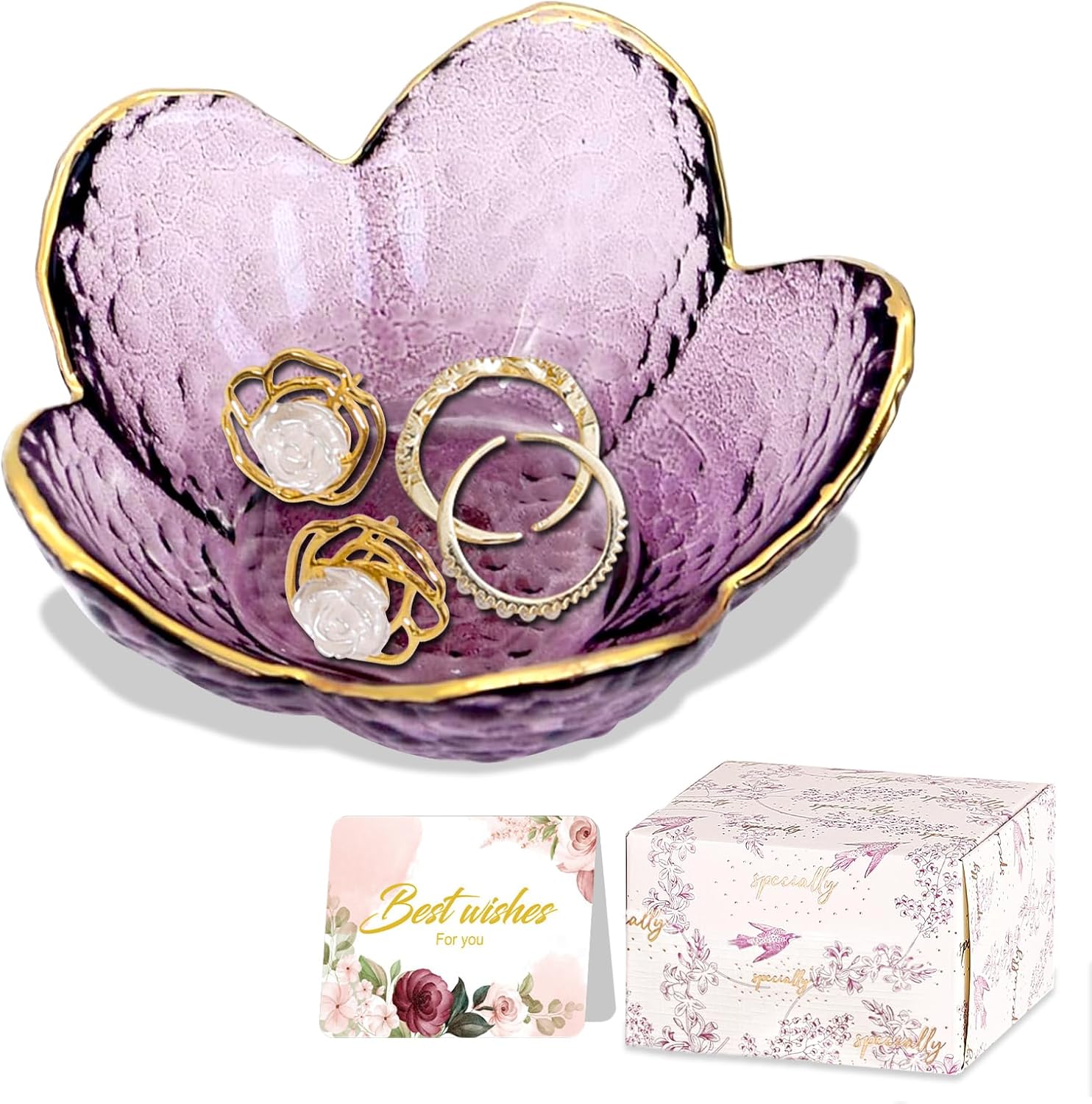 Purple Flower Jewelry Dish Glass Ring Dish Jewelry Tray Cute Vanity Organiser Room Decor Aesthetic Nightstand Bathroom Decor Trinket Dish Ring Holder Valentine's Friendship Birthday Gifts for Women