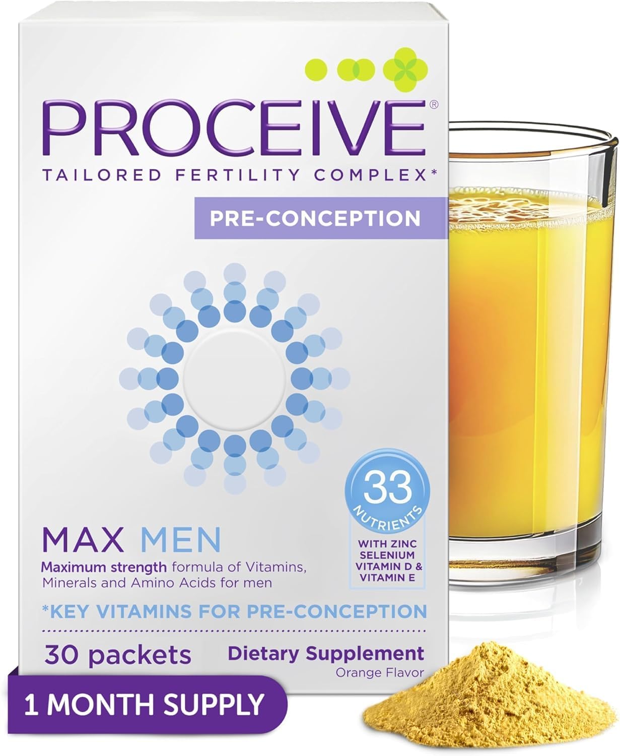 Proceive® MAX Men- Fertility Supplement for Conception - Vitamins & Minerals for Men Trying to Conceive - Selenium, Zinc, Co Q10, Vitamin D - 30 Sachets (1 Month Supply) - Vegan