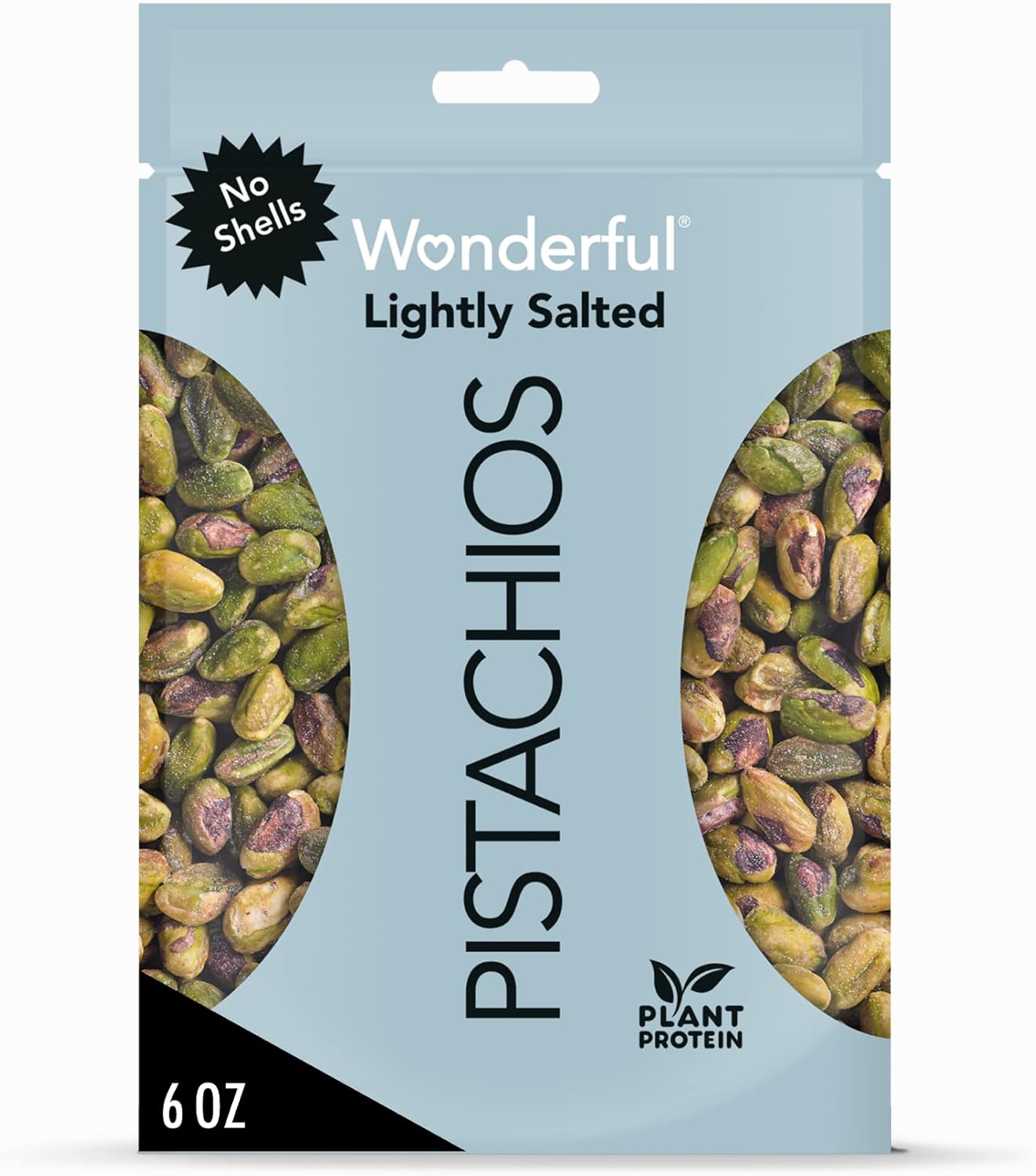 Wonderful Pistachios, No Shells, Roasted and Lightly Salted Nuts, 6 Ounce Resealable Bag
