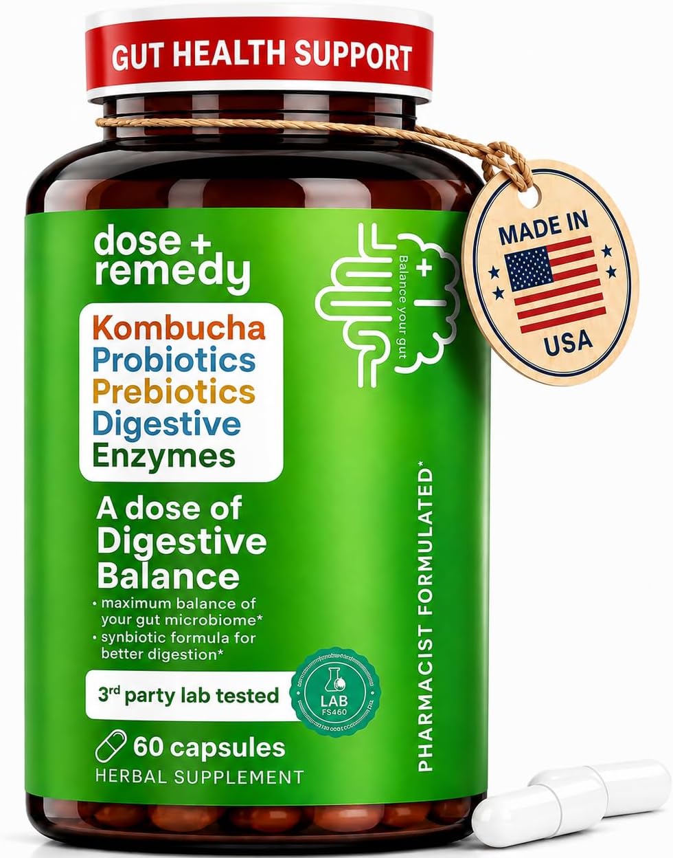Dose of Digestive Balance Kombucha Probiotic Capsules for Bloating, 60ct