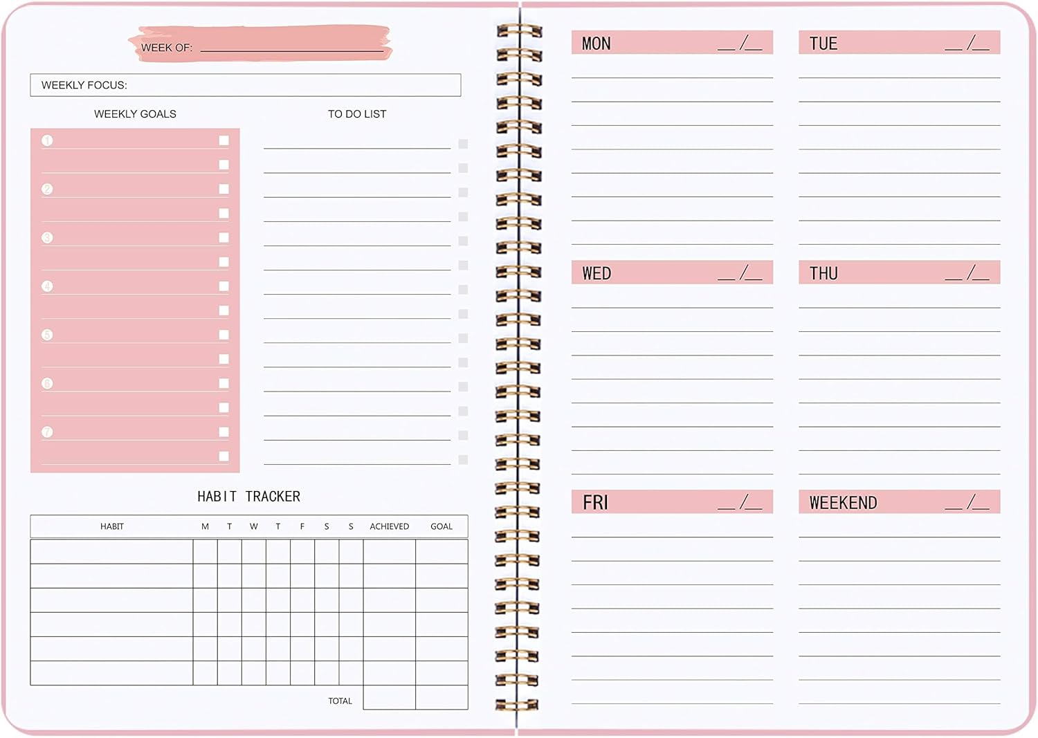Undated Weekly Planner- Weekly Goals Notebook, A5 To Do List Planner, Habit Tracker Journal with Spiral Binding, 5.7 x 8.0 inches