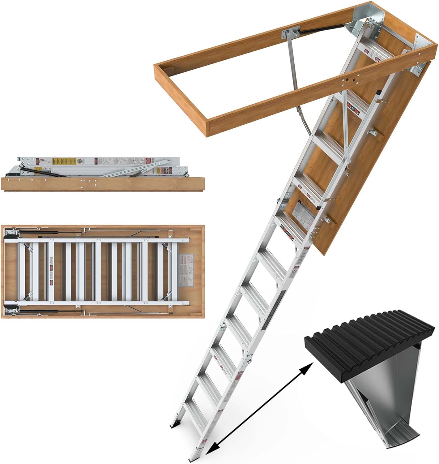 10FT Aluminium Attic Ladder with Non-Slip Foot Mats for 54" W x 22.5" H Opening, Attic Ladder Pull Down System, 350 Pound Load Capacity, Attic Stairs Pull Down for 7'8"-10'3" Ceiling Heights