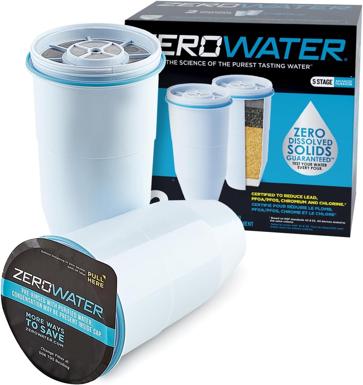 ZeroWater Official Replacement Filter - 5-Stage 0 TDS Filter Replacement - System IAPMO Certified to Reduce Lead, Chromium, and PFOA/PFOS, 2-Pack, White