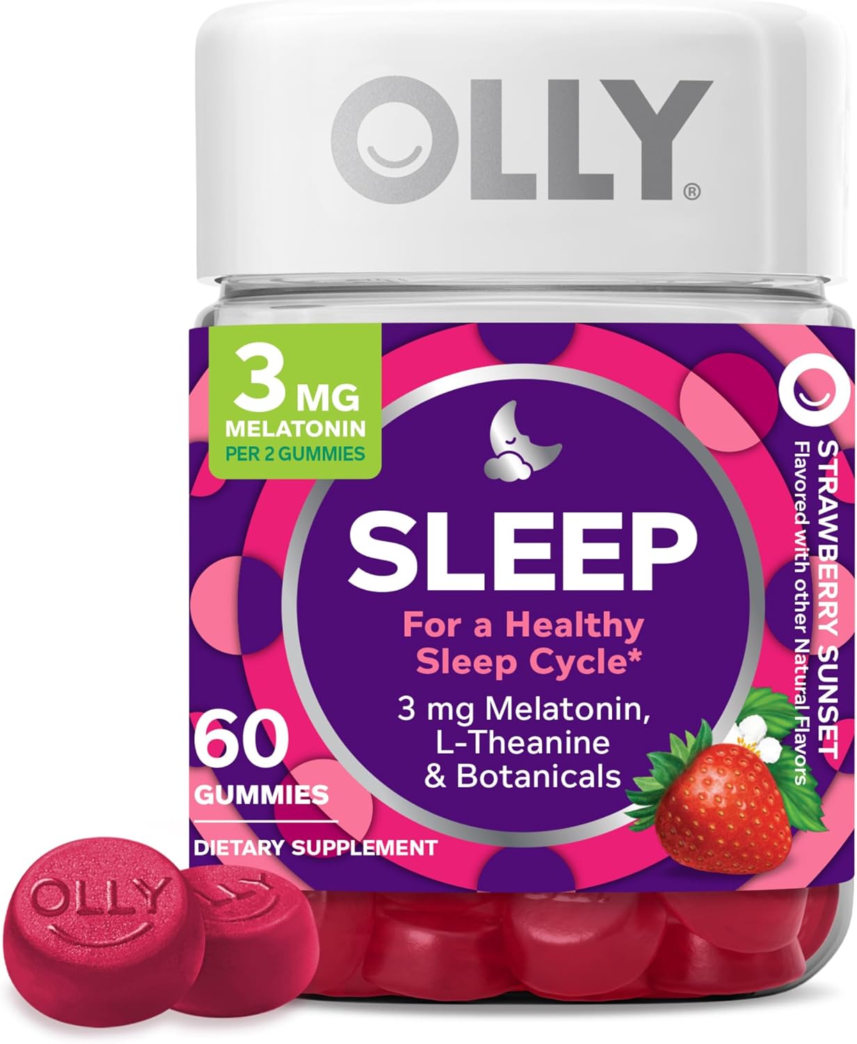 OLLY Sleep Gummy, Sleep Support Supplement,* 3 mg Melatonin, L-Theanine, Chamomile and Lemon Balm Extracts, Strawberry Sunset, 30 Day Supply - 60 Count