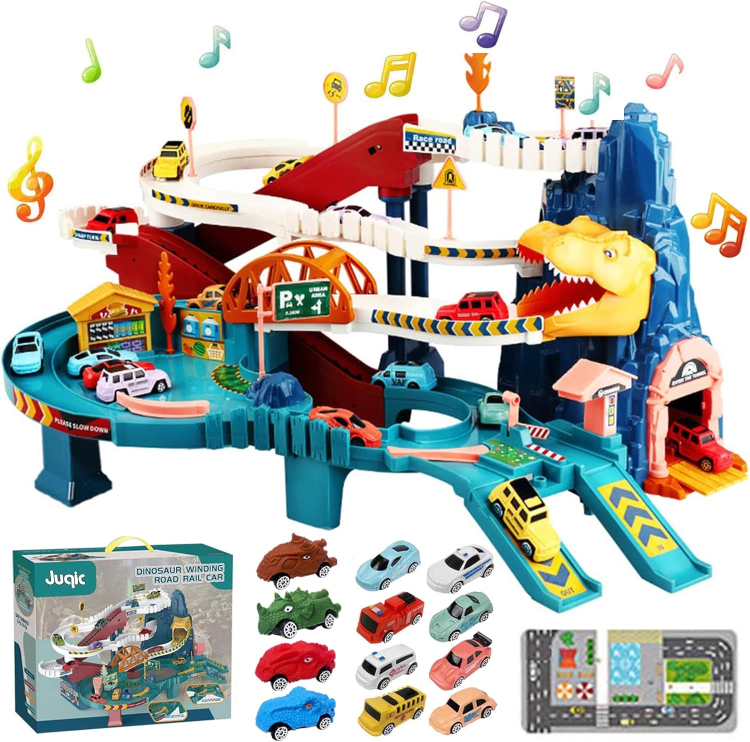 Toy Car Ramp Track Dinosaur Climbing Hills Railcar Colorful Vehicles Construction Play Set with 12 Mini Racer Cars and Track for Preschool Gifts Kids Ages 3 Years and Older (Dinosaur Hill)