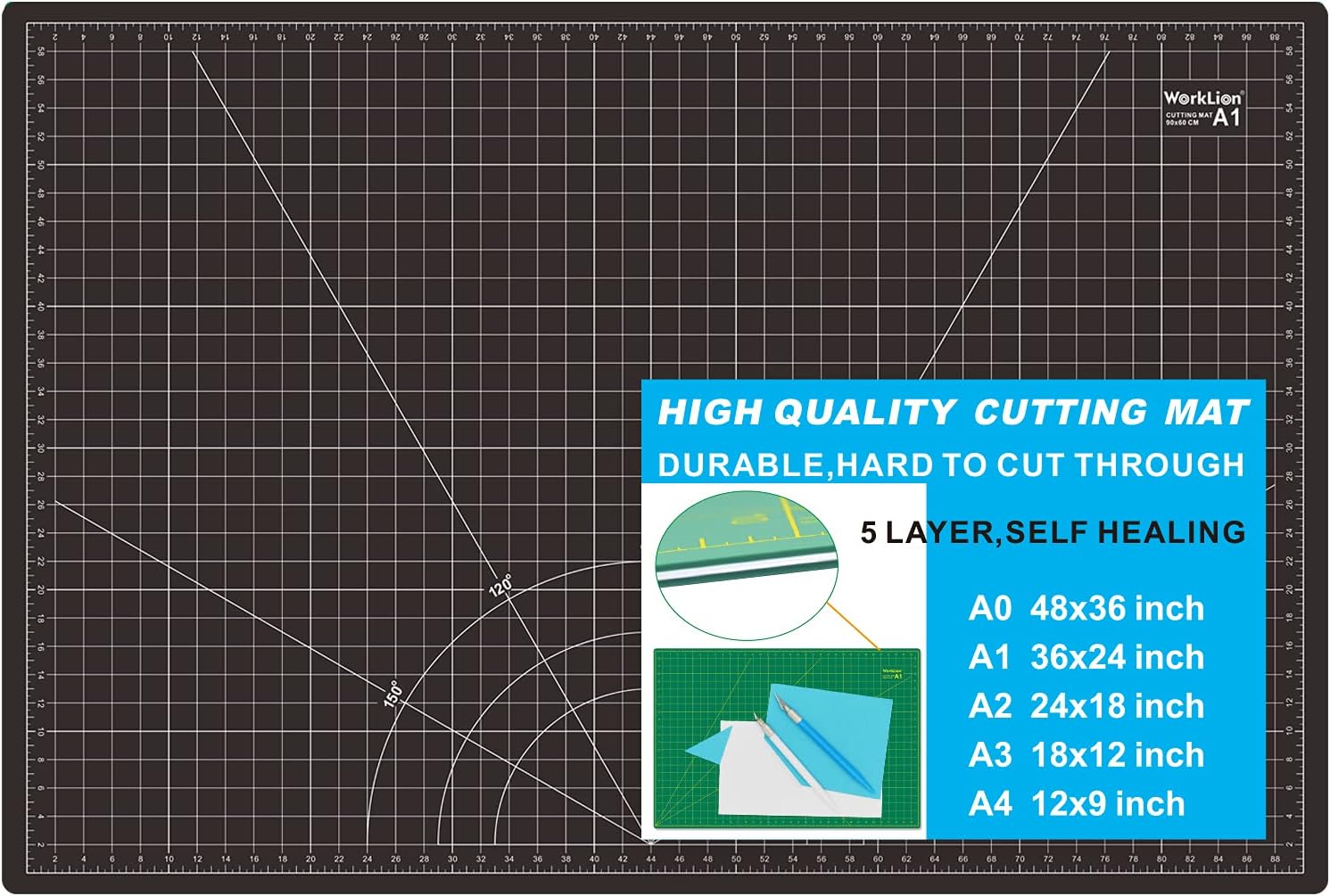 WORKLION Self Healing Cutting Mat: 24 x 36 inch Large Double Sided 5-Layer Gridded PVC Cut Mat for Sewing & Quilting & Scrapbooking & Arts and Crafts Projects (Green/Black)…