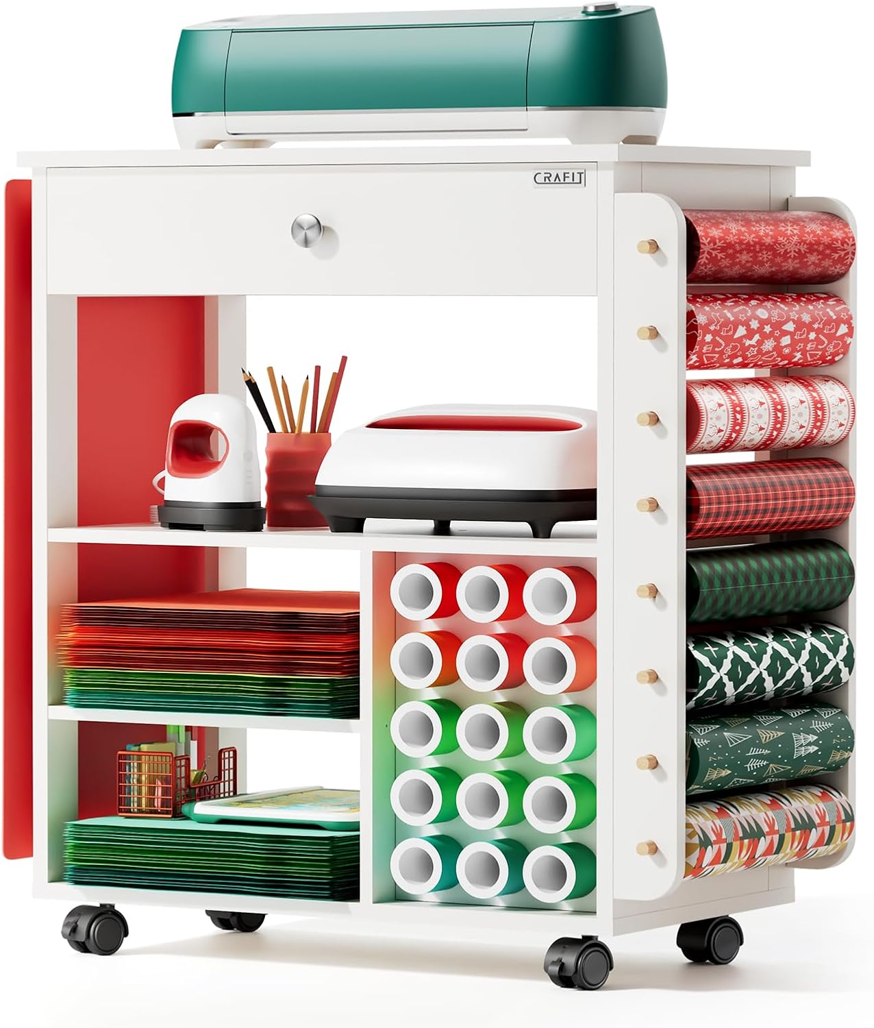 𝐂𝐫𝐚𝐟𝐢𝐭 Craft Cart Organizer Table Compatible with Cricut Rolling Organization and Storage with Vinyl Roll Holder, Crafting Cabinet Workstation Tool Accessories Holder for Craft Room (Patented)