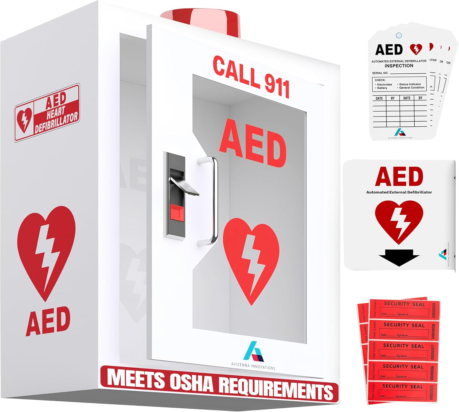 Steel AED Cabinet Kit | Wall Mount Box with Alarm & Strobe Light | Turnkey Solution Includes 3D Sign, Inspection Tags & Security Seals | Universal Fit (16" H x 14" W x 8" D)