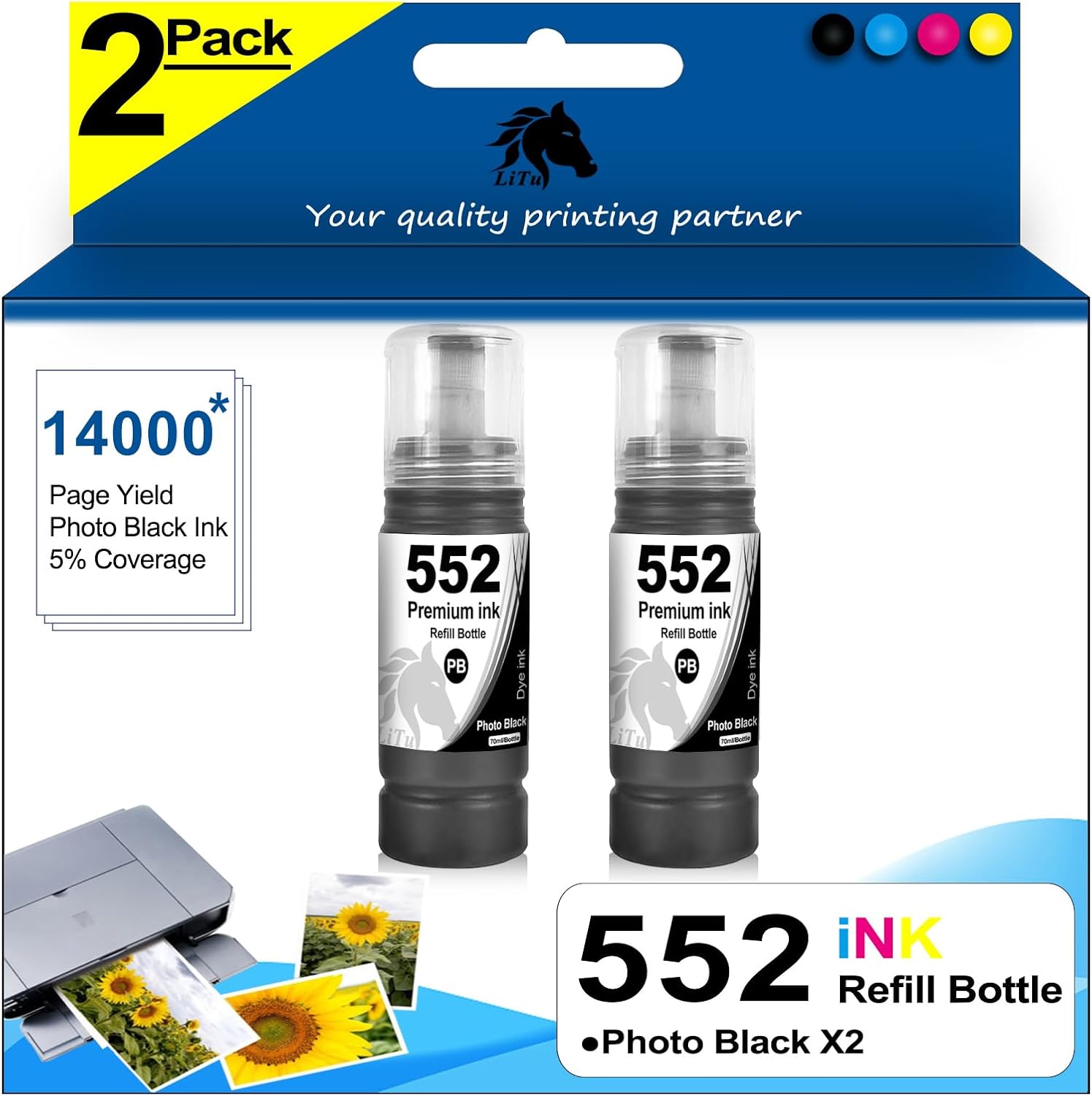 LiTuhorse Compatible Ink Replacement for Epson 552 Ink Refill Bottles High Capacity Photo Black (T552120-S) Work with EcoTank ET-8500 ET-8550 Printer (552-PK, 2-Pack, Dye)