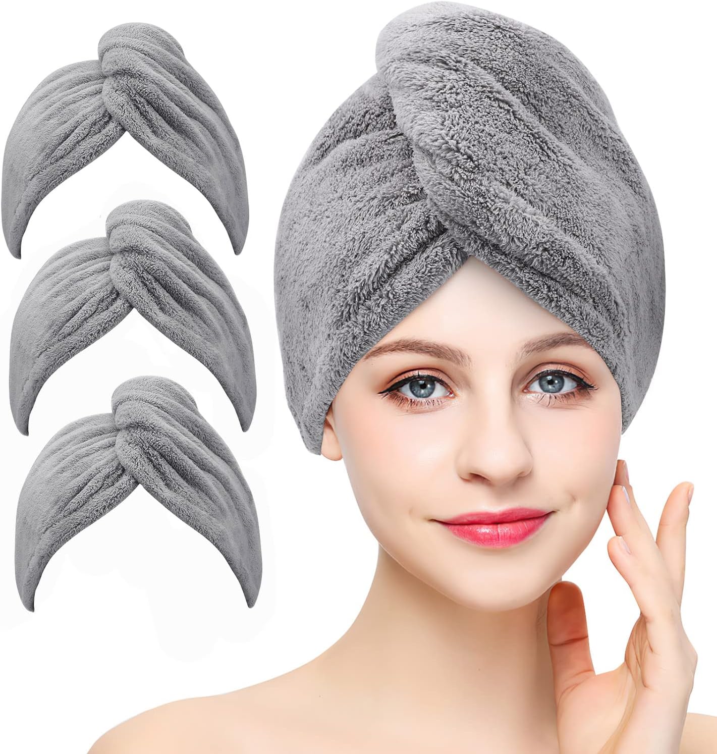 3 Pack Microfiber Hair Drying Towel Wrap Super Absorbent Twist Turban Fast Dry Hair Caps with Buttons Bath Loop Fasten Salon Dry Hair Hat (Gray)