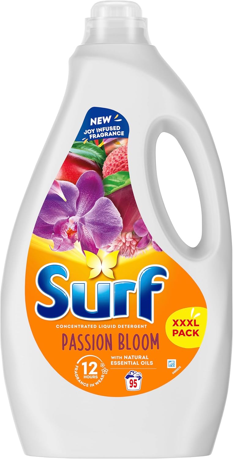 Surf Passion Bloom Laundry Washing Liquid Detergent with a joy-infused fragrance & natural essential oils lasting up to 12 hours in wear for brilliantly clean results 95 washes 2.565 L