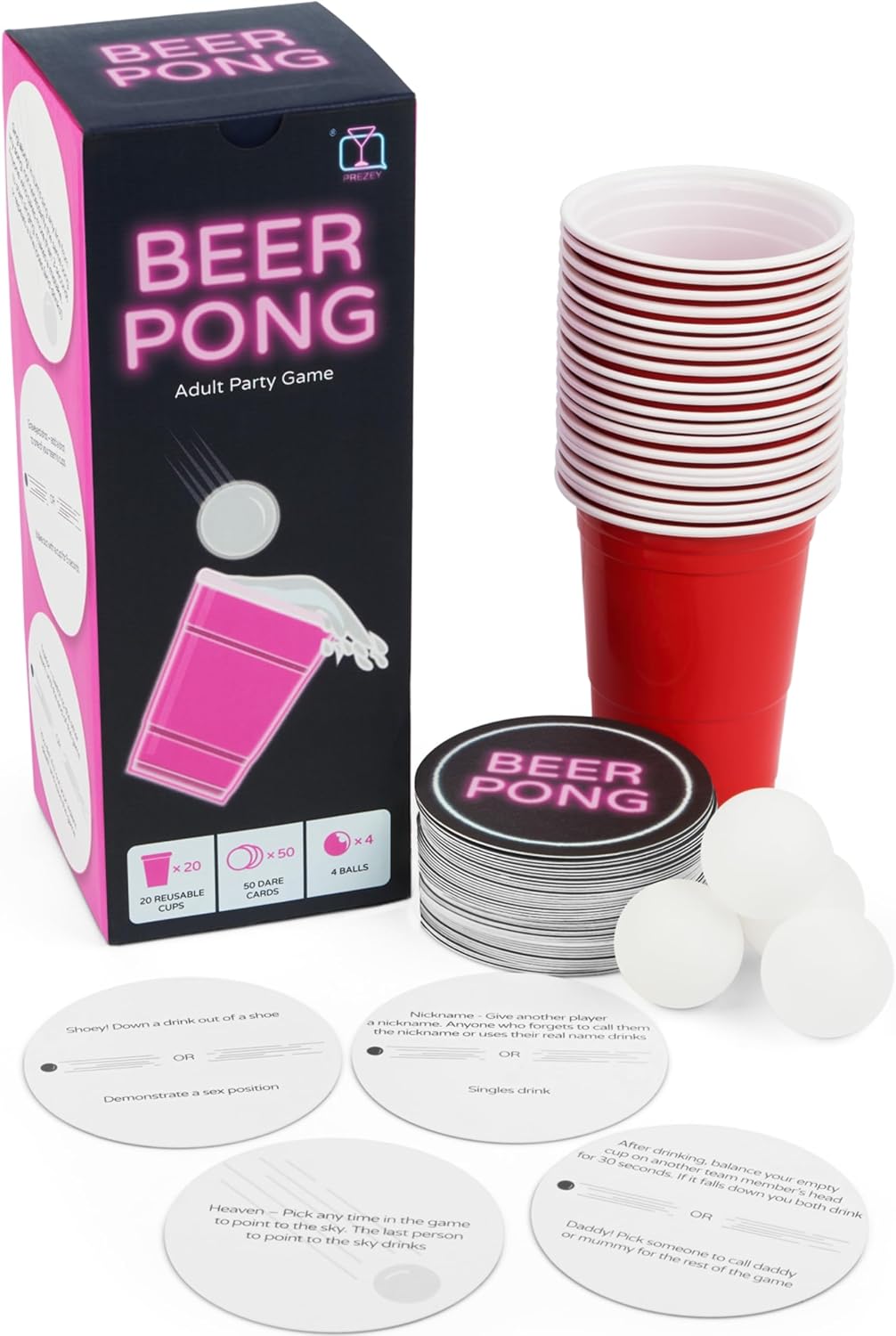 Prezey Full Beer Pong Game Set with 20 Cups, 2 Balls and 78 Dares - Drinking Games For Adults, Hen Party Games and for Couples