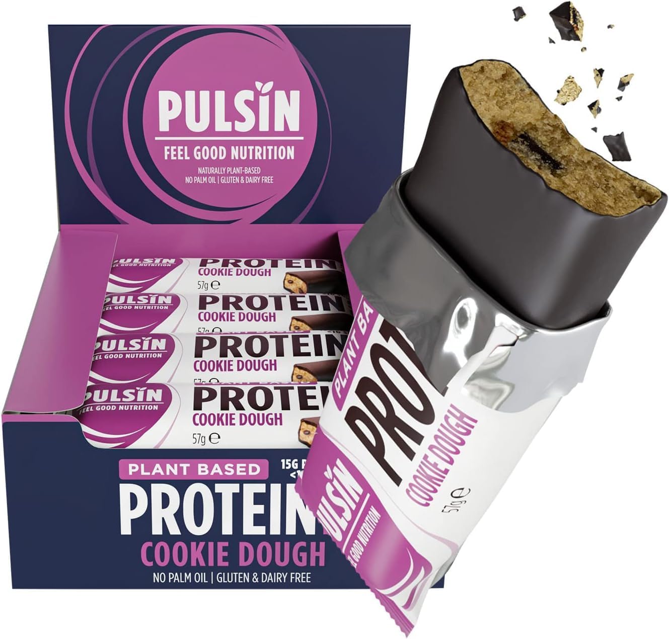 Pulsin - Cookie Dough Vegan Protein Bars - 12 x 57g - 14.8g Protein, 13.9g Fibre, 227 Kcal Per Serving - Gluten Free, Plant Based, Palm Oil Free & Dairy Free Snack Bar