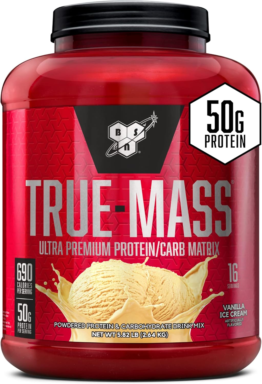 BSN TRUE-MASS Weight Gainer, Muscle Mass Gainer Protein Powder, Vanilla Ice Cream, 5.82 Pound