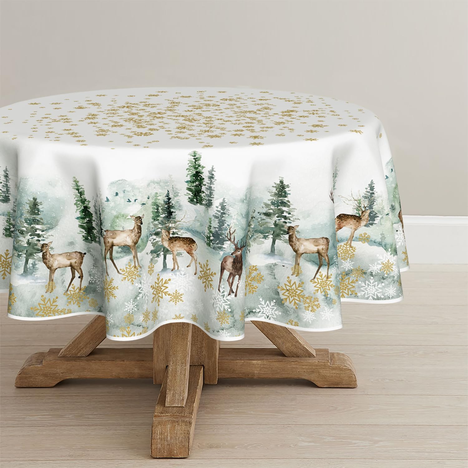 Artoid Mode Gold Snowflakes Trees Deer Christmas Table Cloth, Round 120 cm Winter Merry Xmas Table Cover Protector For Party Home Table Decorations
