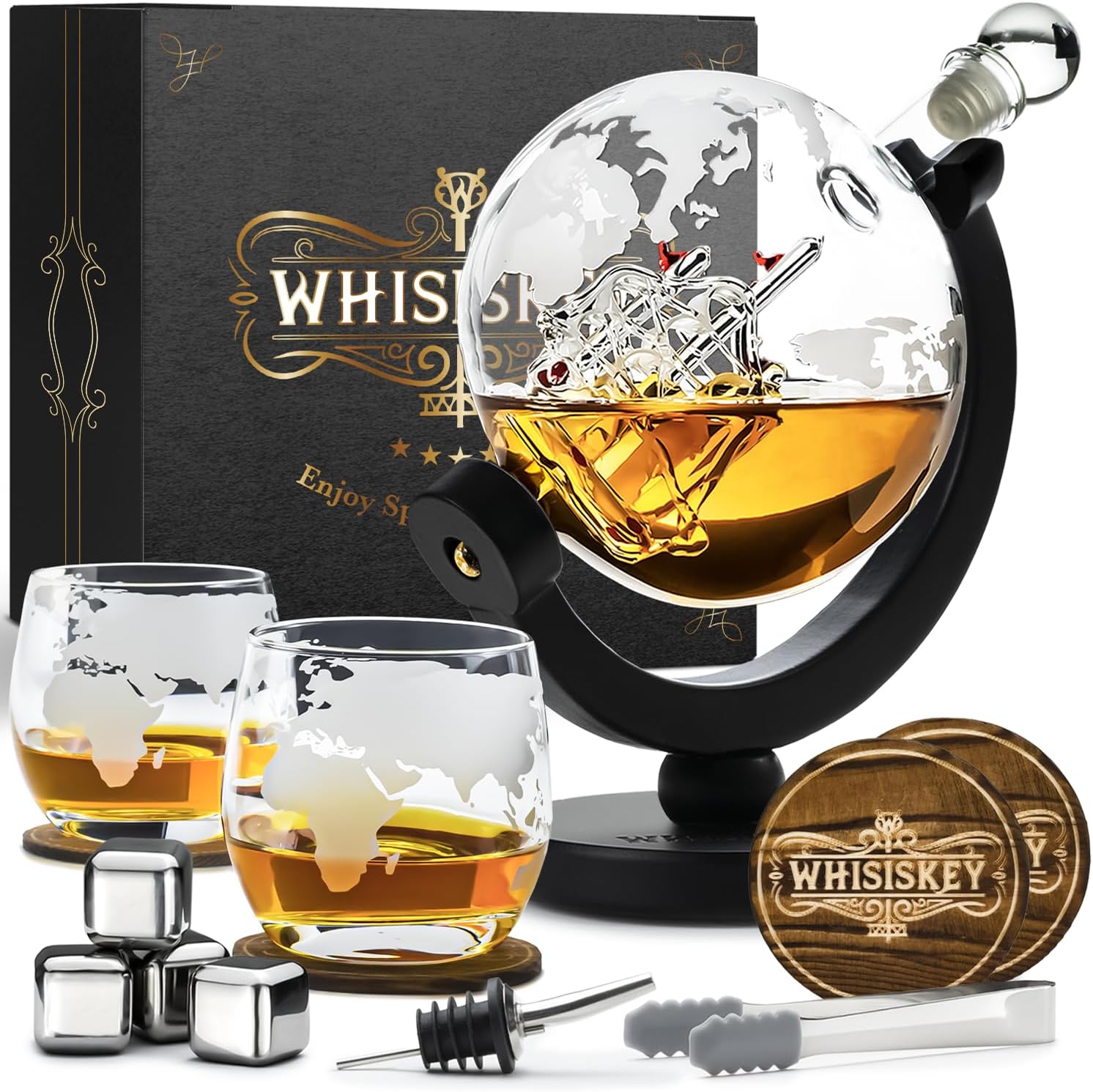 WHISISKEY - Whiskey Decanter Set - 900ML Globe Carafe - Whiskey Gift Sets for Men - Whisky Set - Glass Gifts for Men - Inc. 2 Whiskey Glasses, 4 Whiskey Stones, Accessories