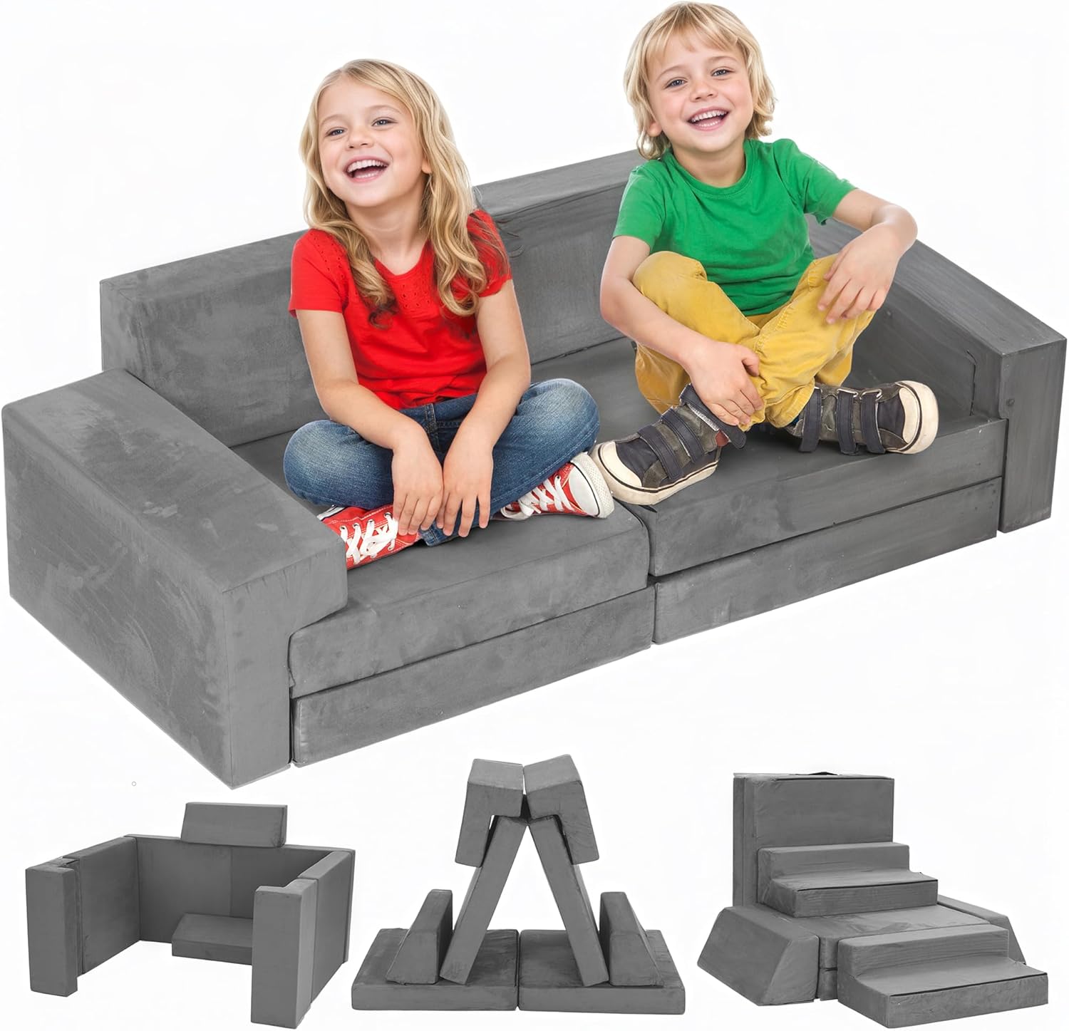Rengue 8 Piece Modular Play Couch for Kids Toddler, Kids Sofa to Boost Creativity, Boys and Girls DIY Creative Playroom Couch for Playroom Bedroom Nursery(Gray 3 Shapes)