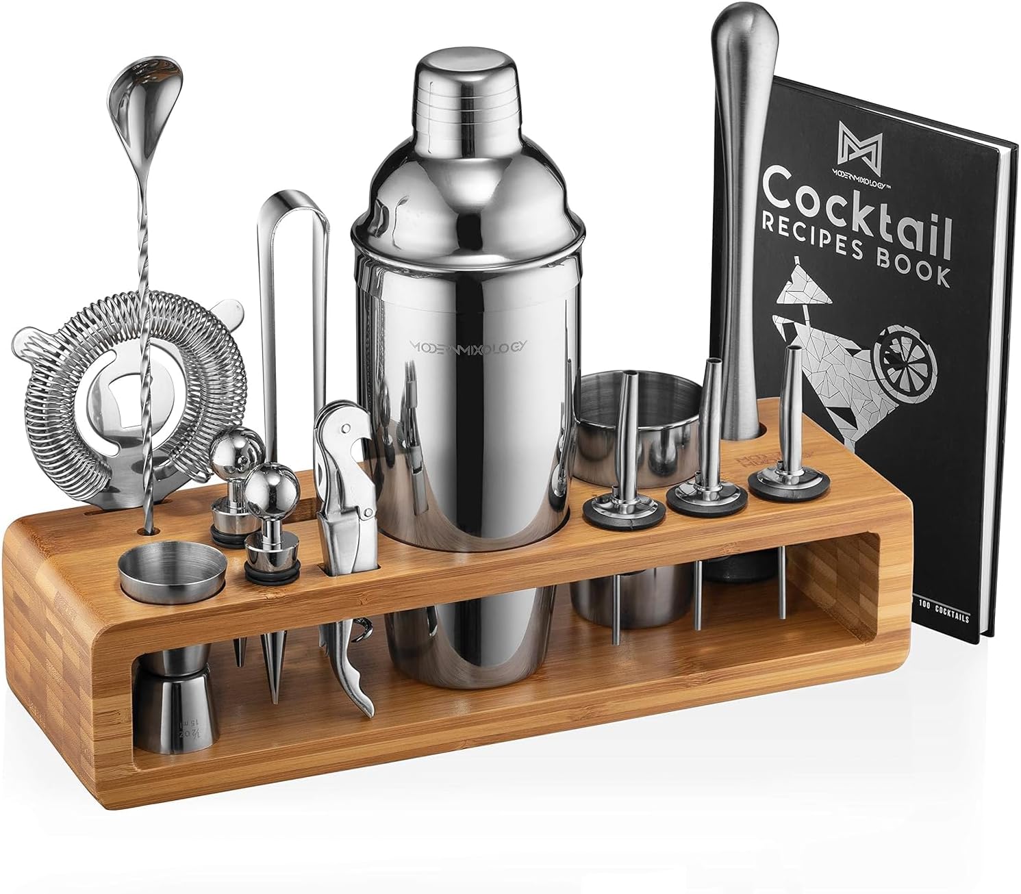 Bartender Kit: 23-Piece Bar Set Cocktail Shaker Set with Stylish Bamboo Stand | Perfect for Home Bar Tools Bartender Tool Kit and Martini Cocktail Shaker for Awesome Drink Mixing